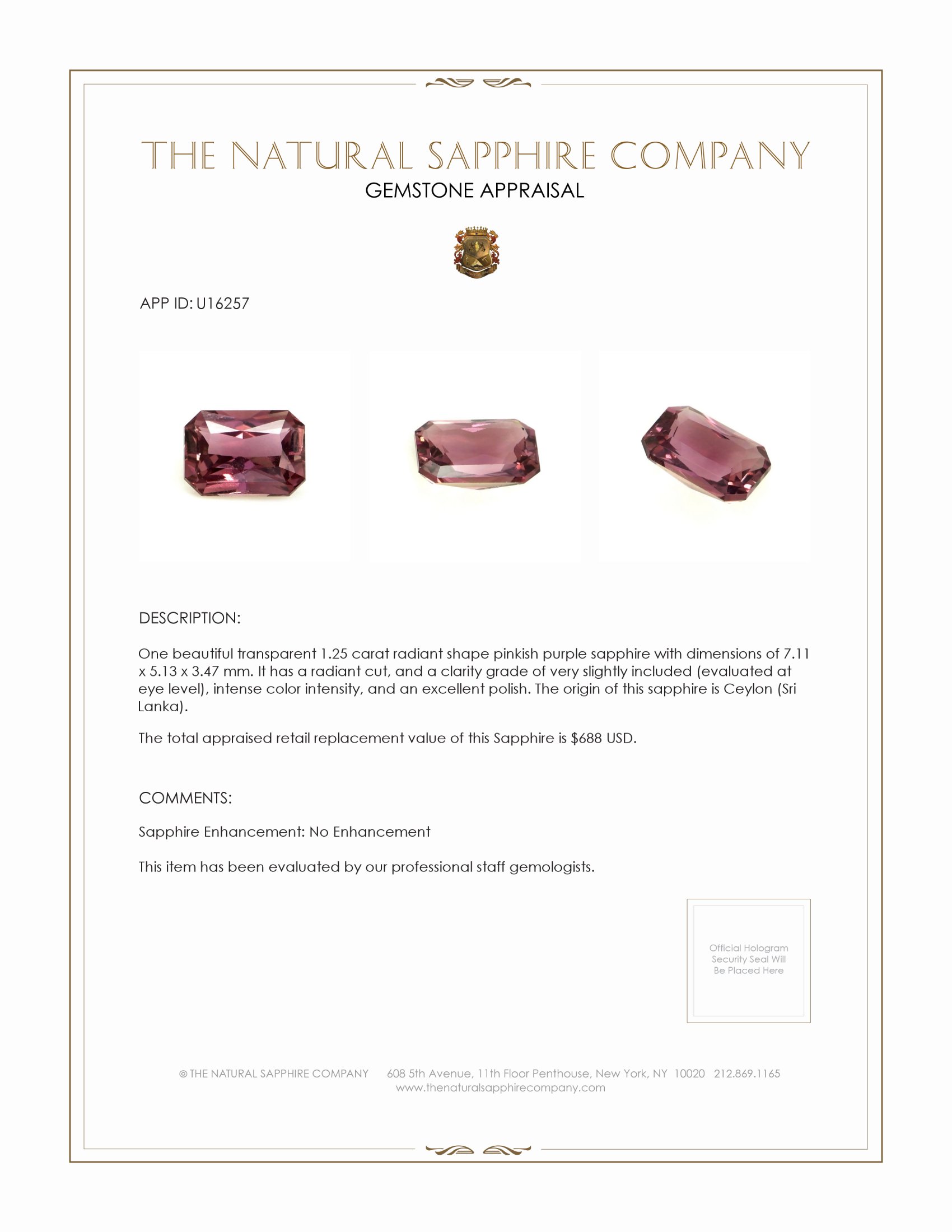 1.25 Ct. Pinkish Purple Sapphire from Ceylon (Sri Lanka)