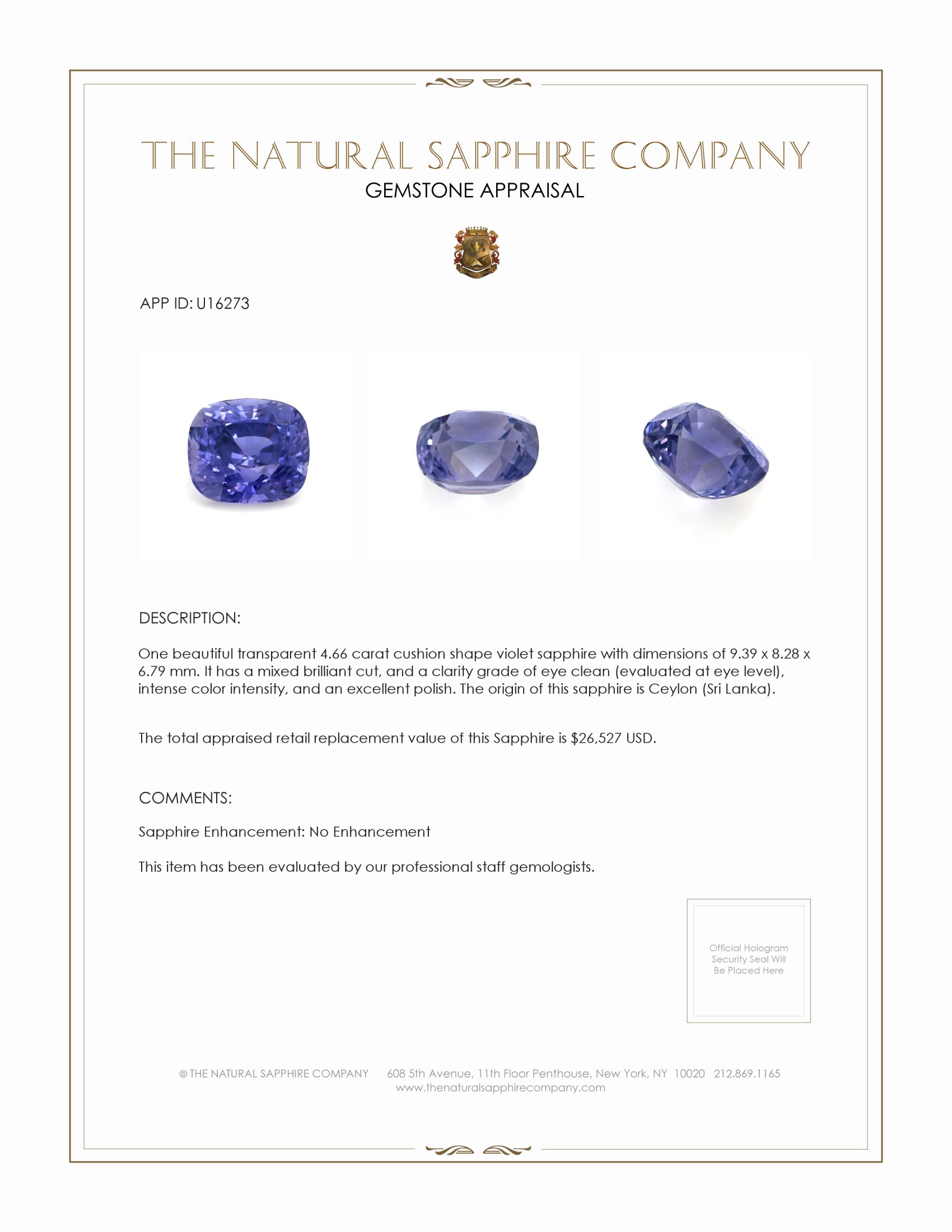 4.66 Ct. Violet Sapphire from Ceylon (Sri Lanka)