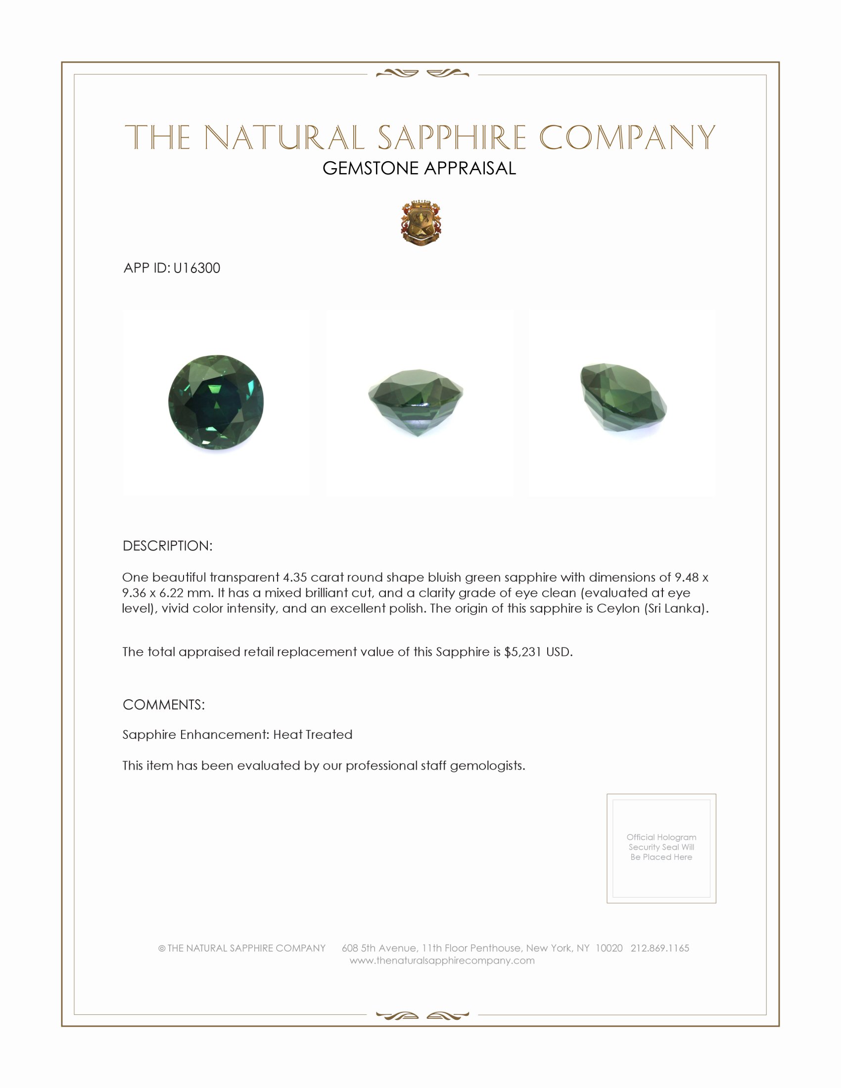 4.35 Ct. Bluish Green Sapphire from Ceylon (Sri Lanka)