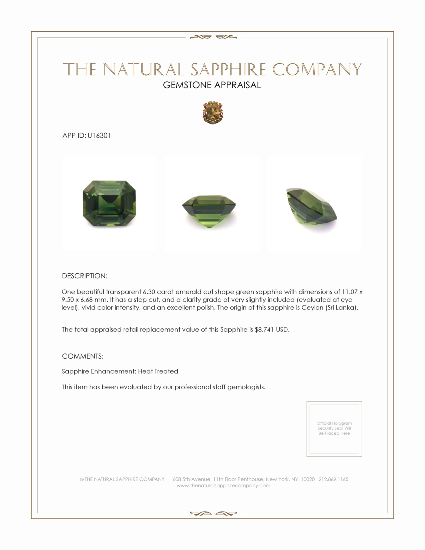6.30 Ct. Green Sapphire from Ceylon (Sri Lanka)
