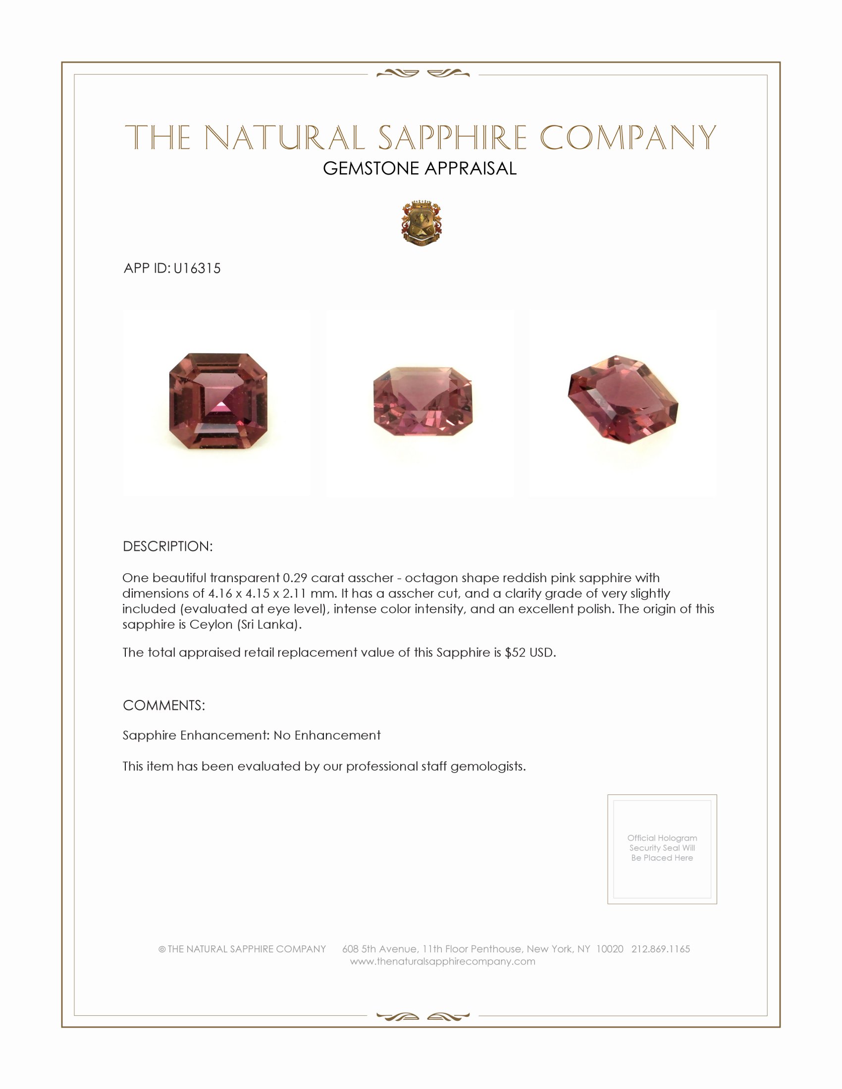 0.29 Ct. Reddish Pink Sapphire from Ceylon (Sri Lanka)