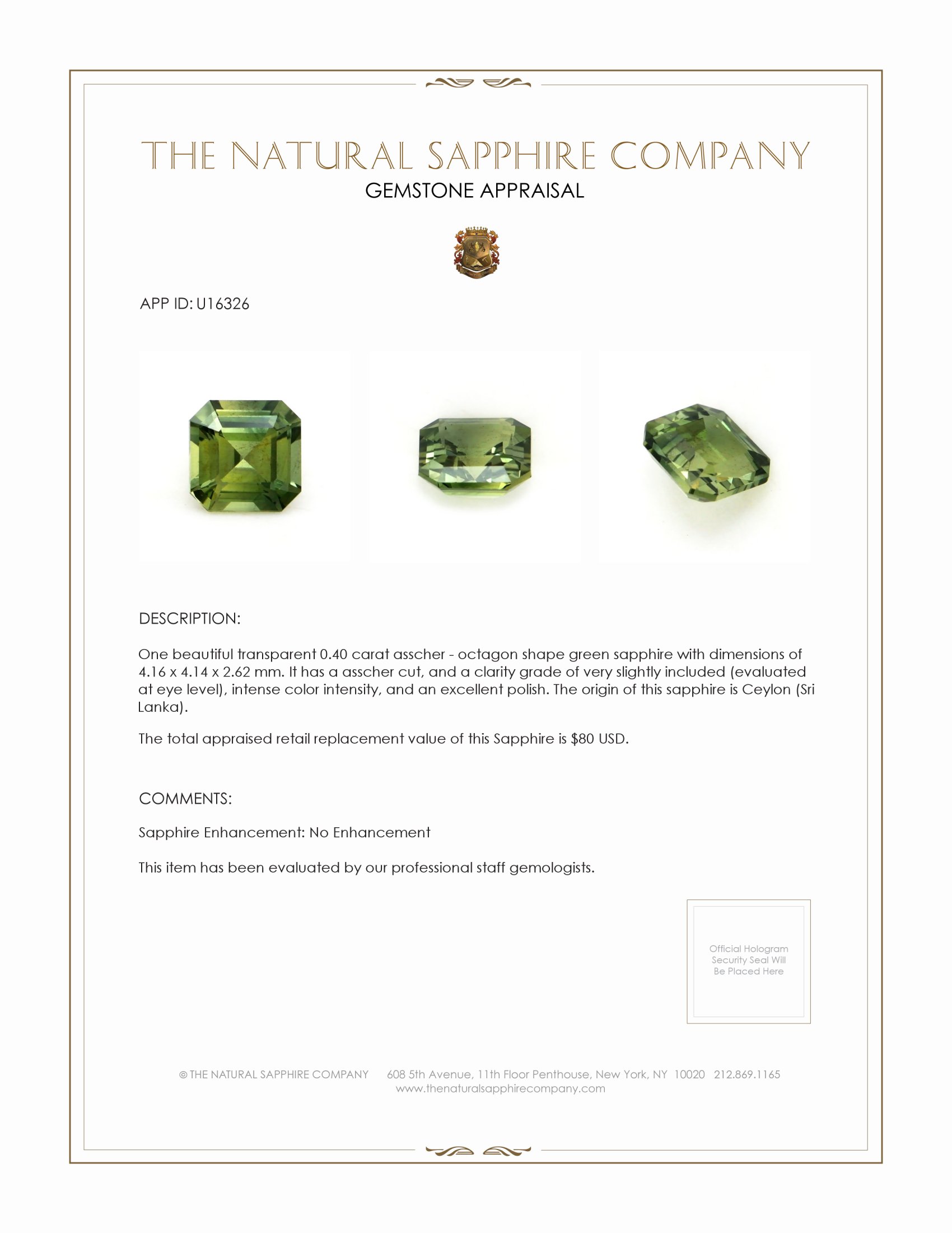 0.40 Ct. Green Sapphire from Ceylon (Sri Lanka)
