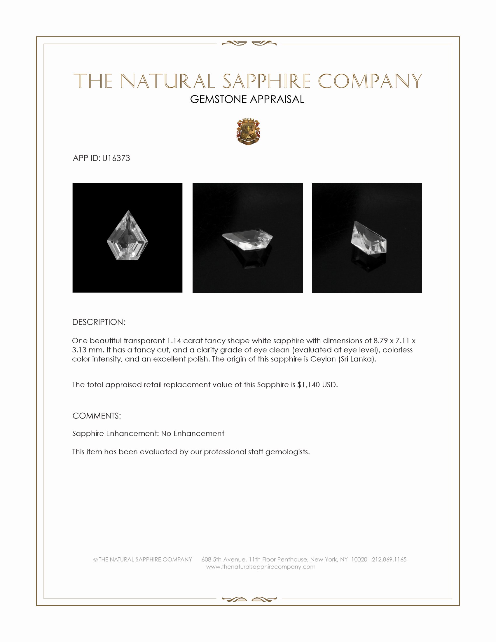 1.14 Ct. White Sapphire from Ceylon (Sri Lanka)