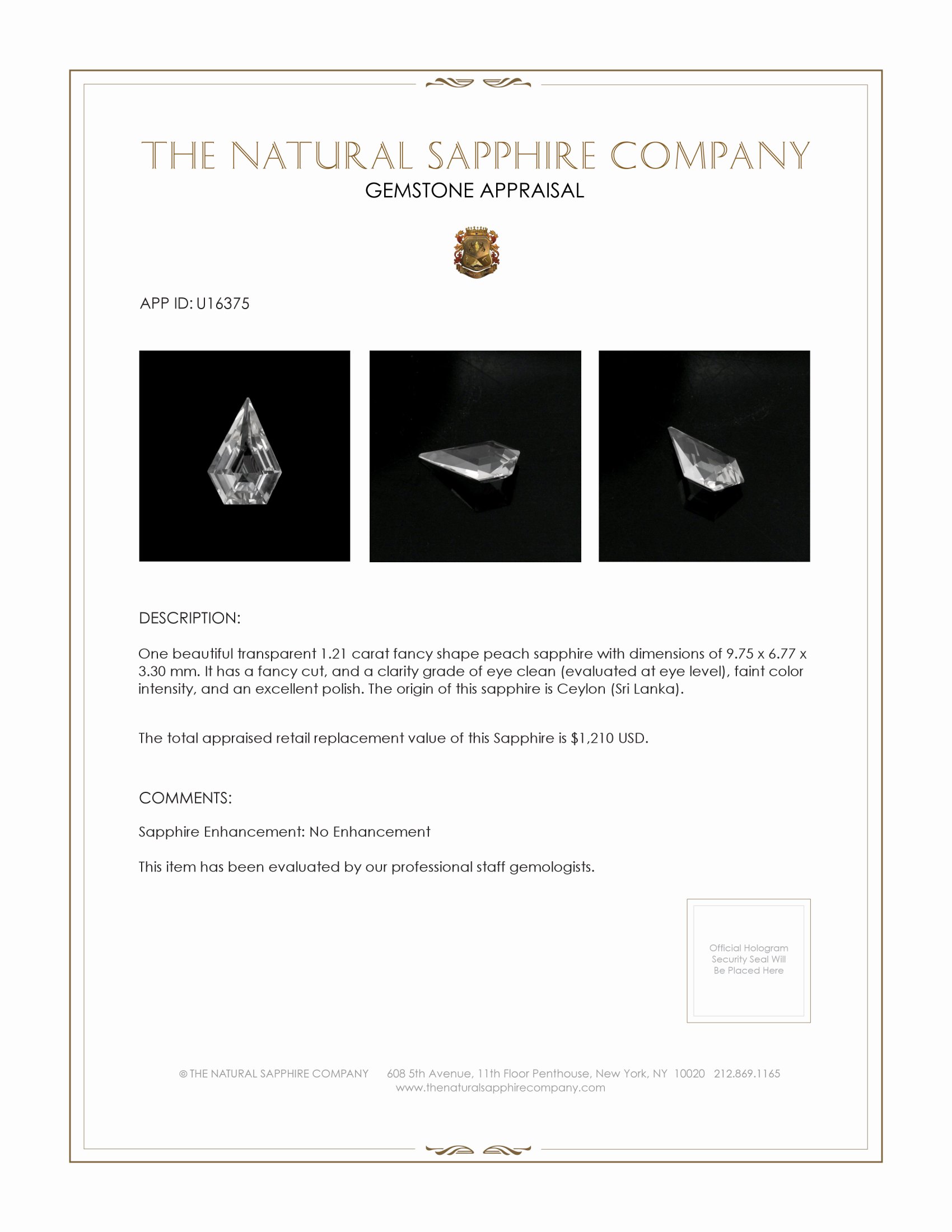 1.21 Ct. Peach Sapphire from Ceylon (Sri Lanka)