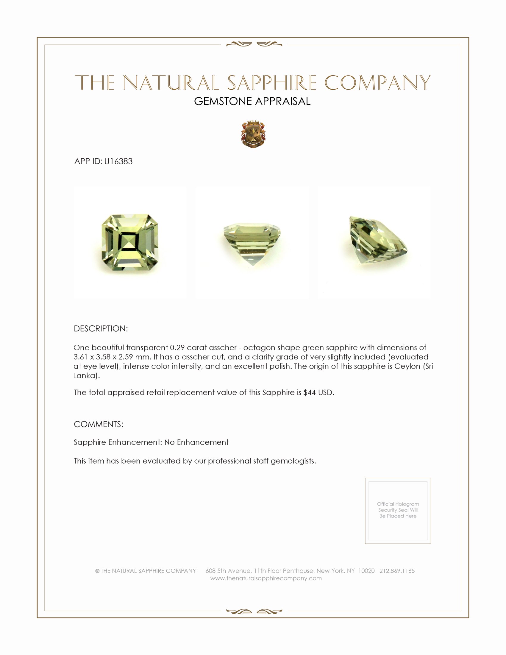 0.29 Ct. Green Sapphire from Ceylon (Sri Lanka)