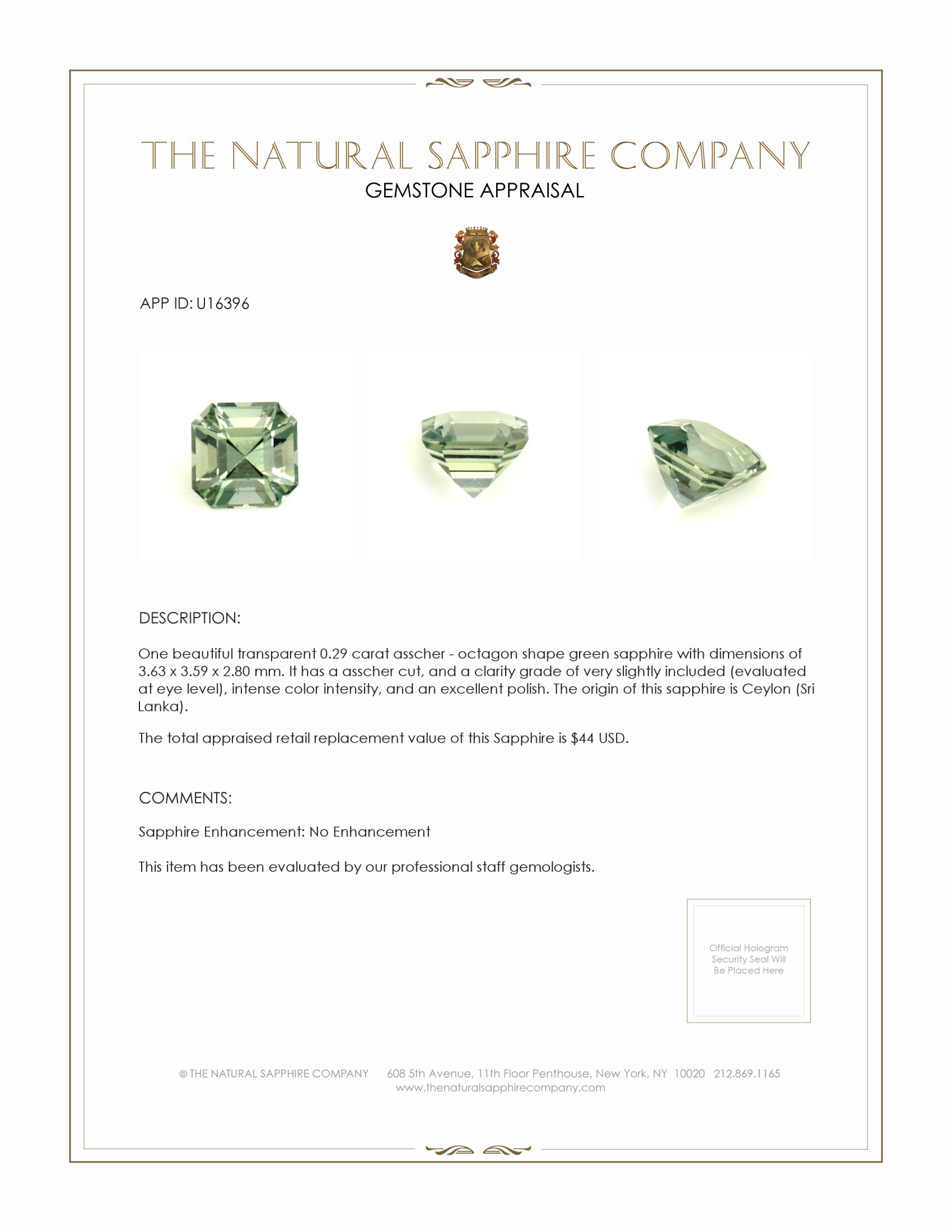 0.29 Ct. Green Sapphire from Ceylon (Sri Lanka)