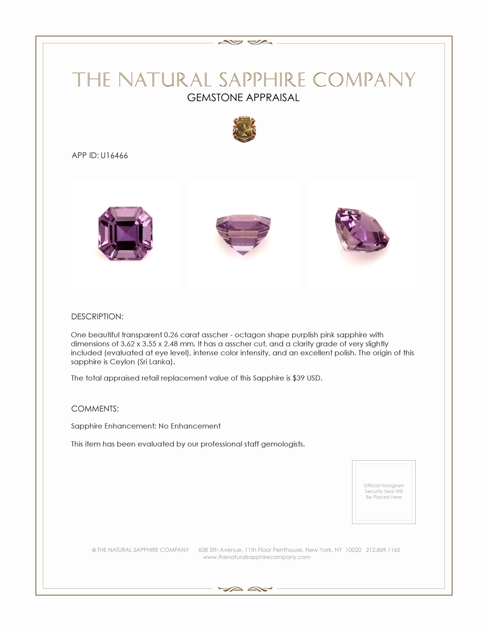0.26 Ct. Purplish Pink Sapphire from Ceylon (Sri Lanka)