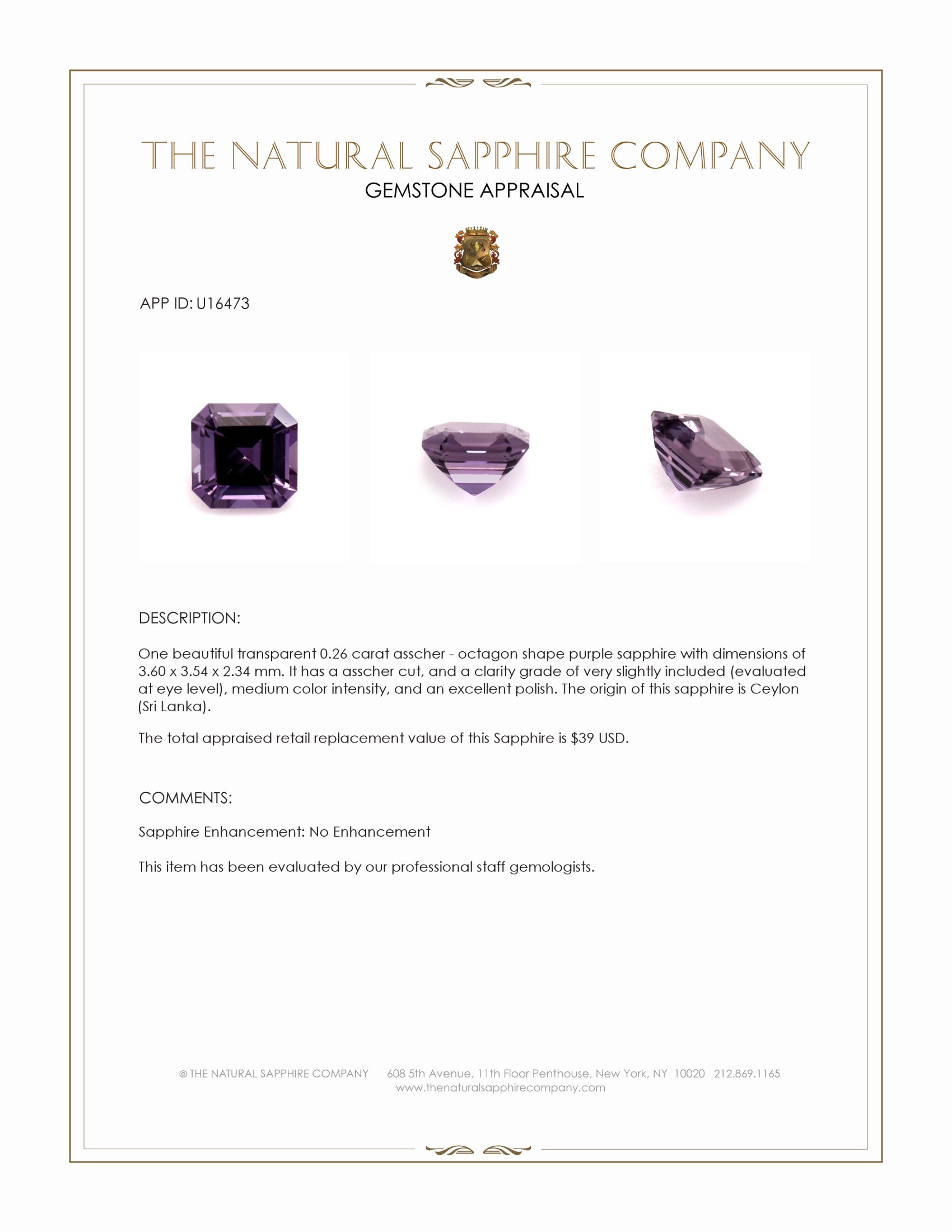 0.26 Ct. Purple Sapphire from Ceylon (Sri Lanka)