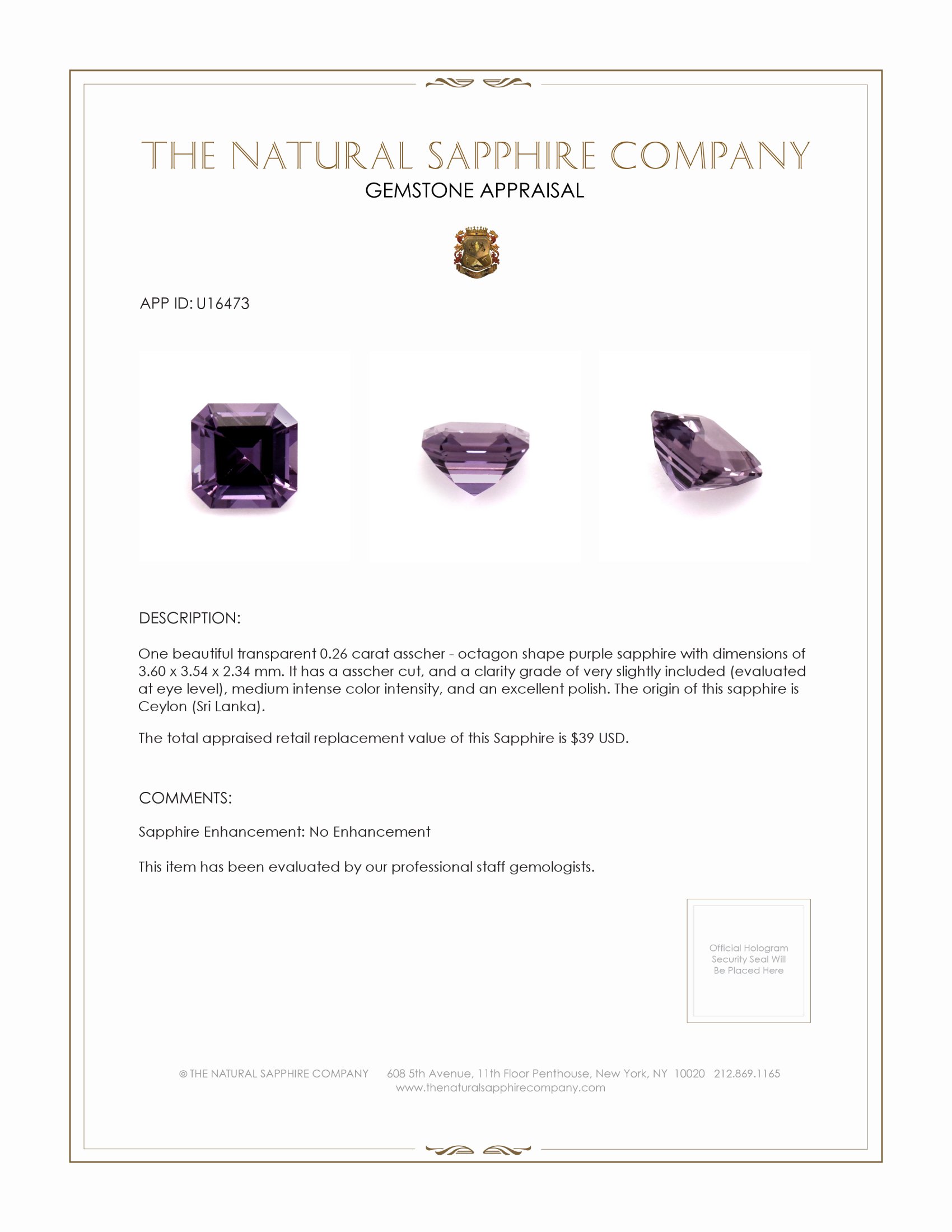 0.26 Ct. Purple Sapphire from Ceylon (Sri Lanka)