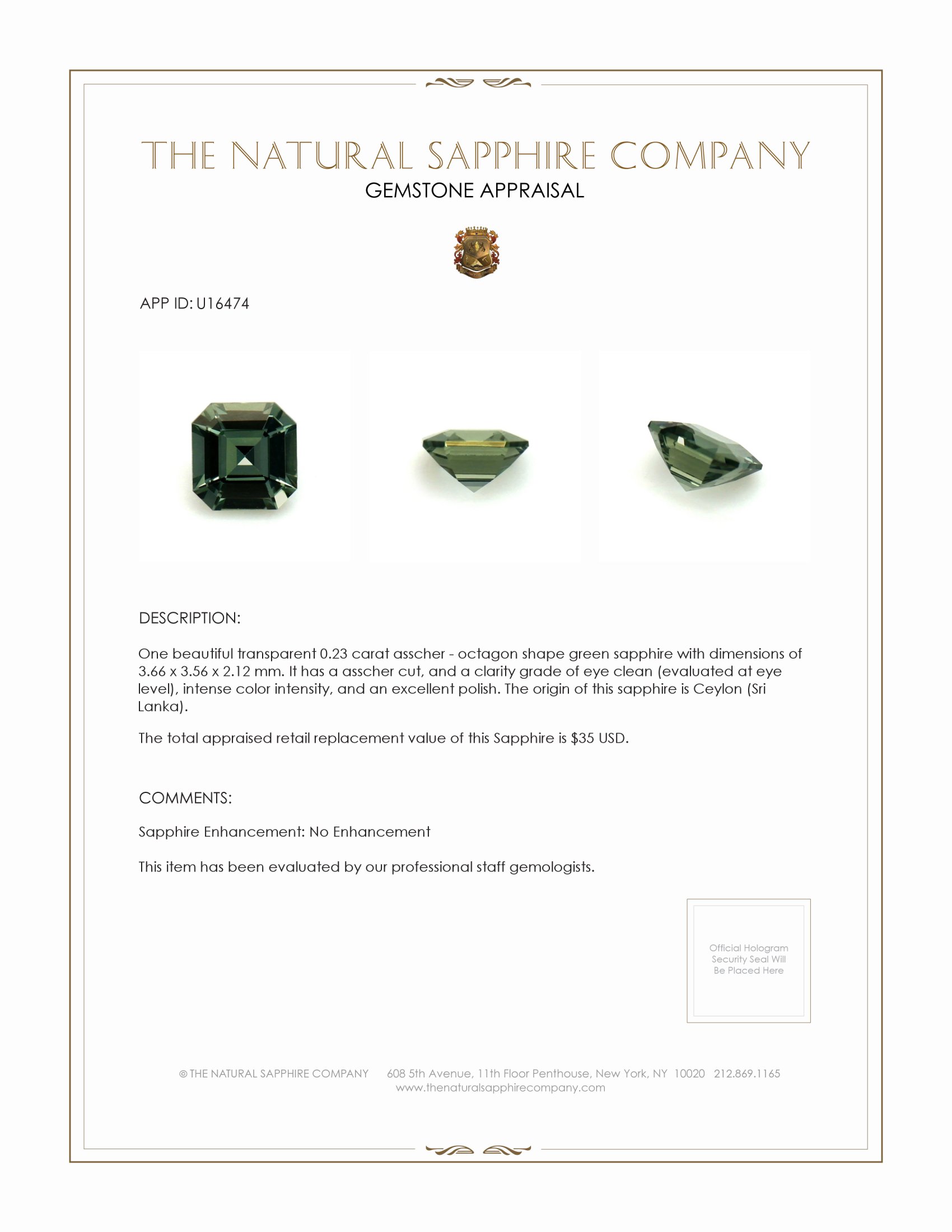 0.23 Ct. Green Sapphire from Ceylon (Sri Lanka)