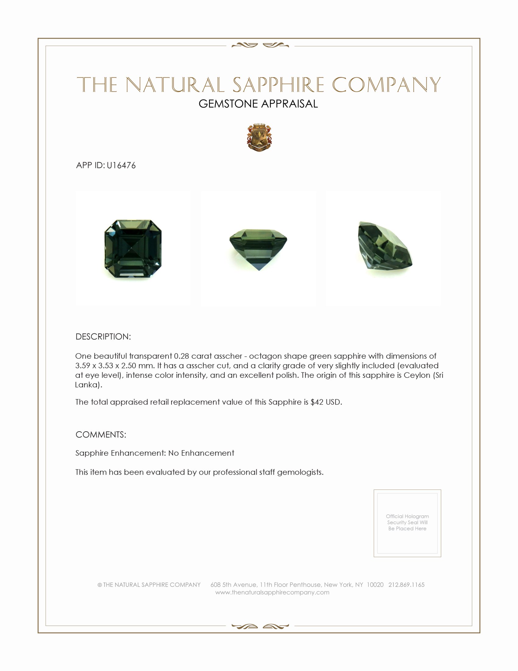 0.28 Ct. Green Sapphire from Ceylon (Sri Lanka)