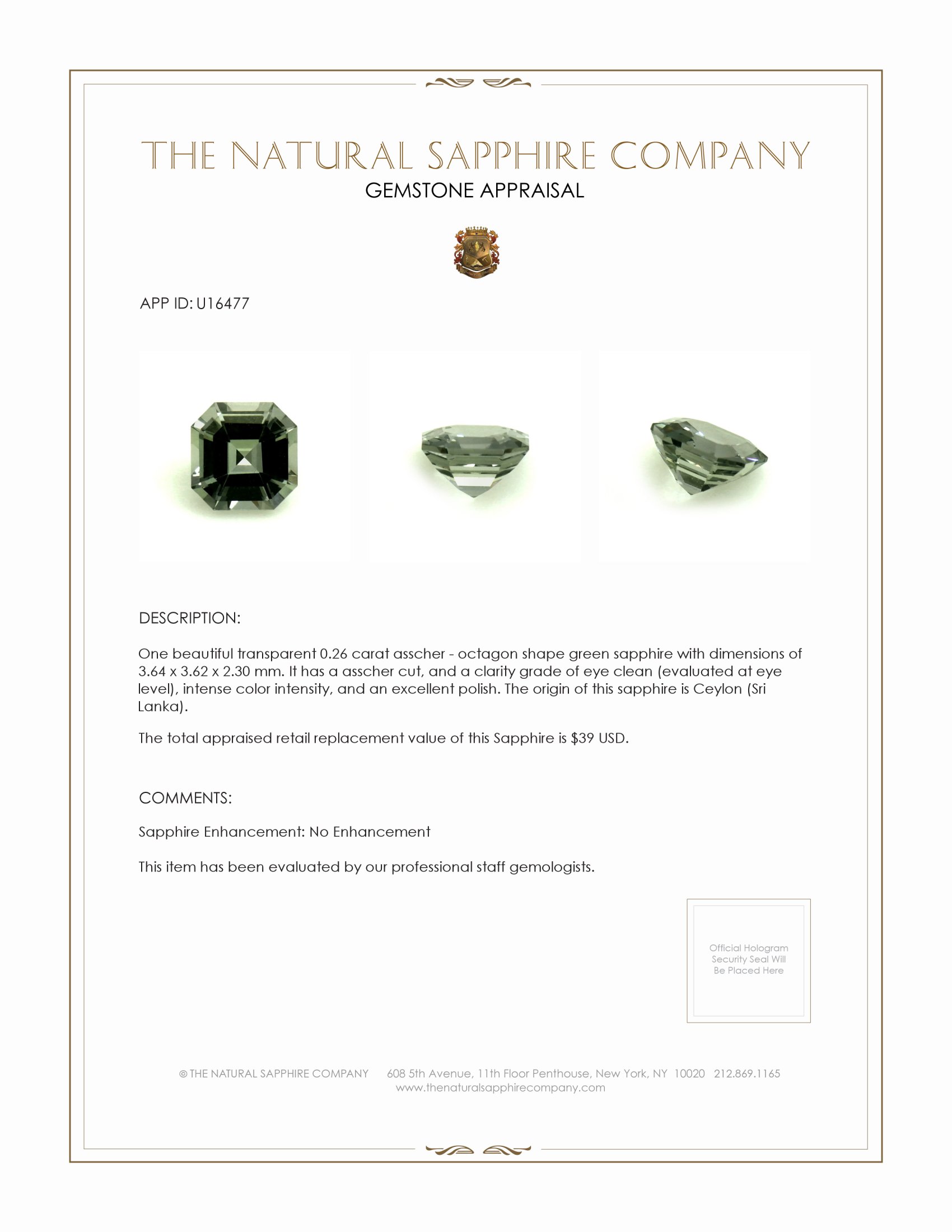 0.26 Ct. Green Sapphire from Ceylon (Sri Lanka)