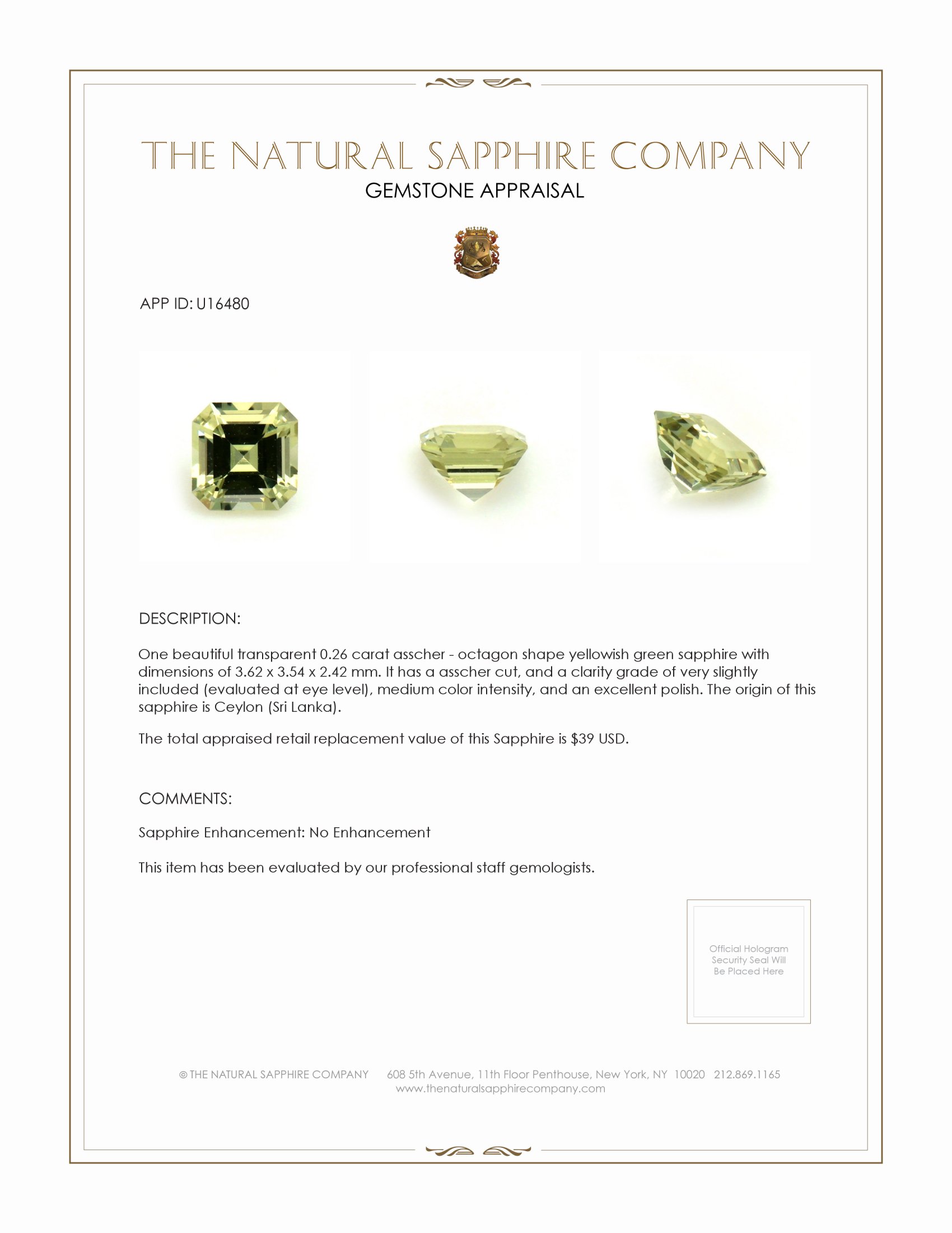 0.26 Ct. Yellowish Green Sapphire from Ceylon (Sri Lanka)