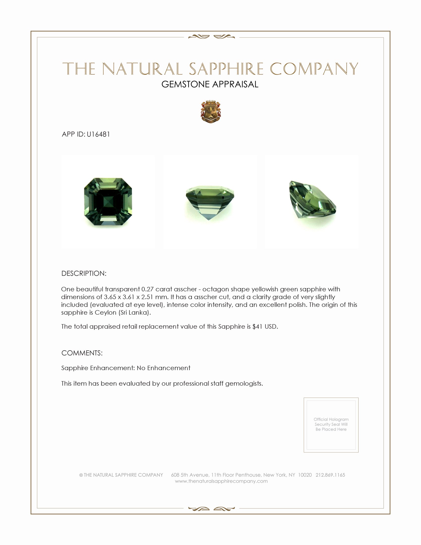 0.27 Ct. Yellowish Green Sapphire from Ceylon (Sri Lanka)