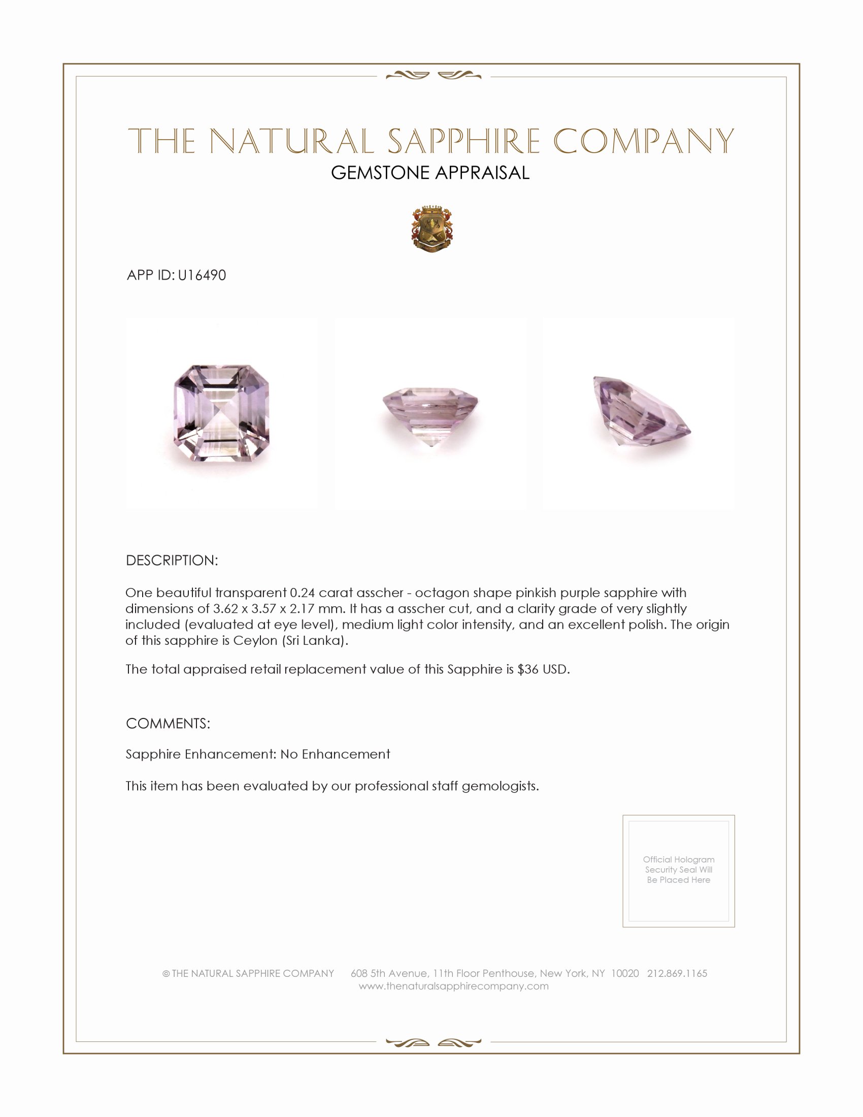 0.24 Ct. Pinkish Purple Sapphire from Ceylon (Sri Lanka)