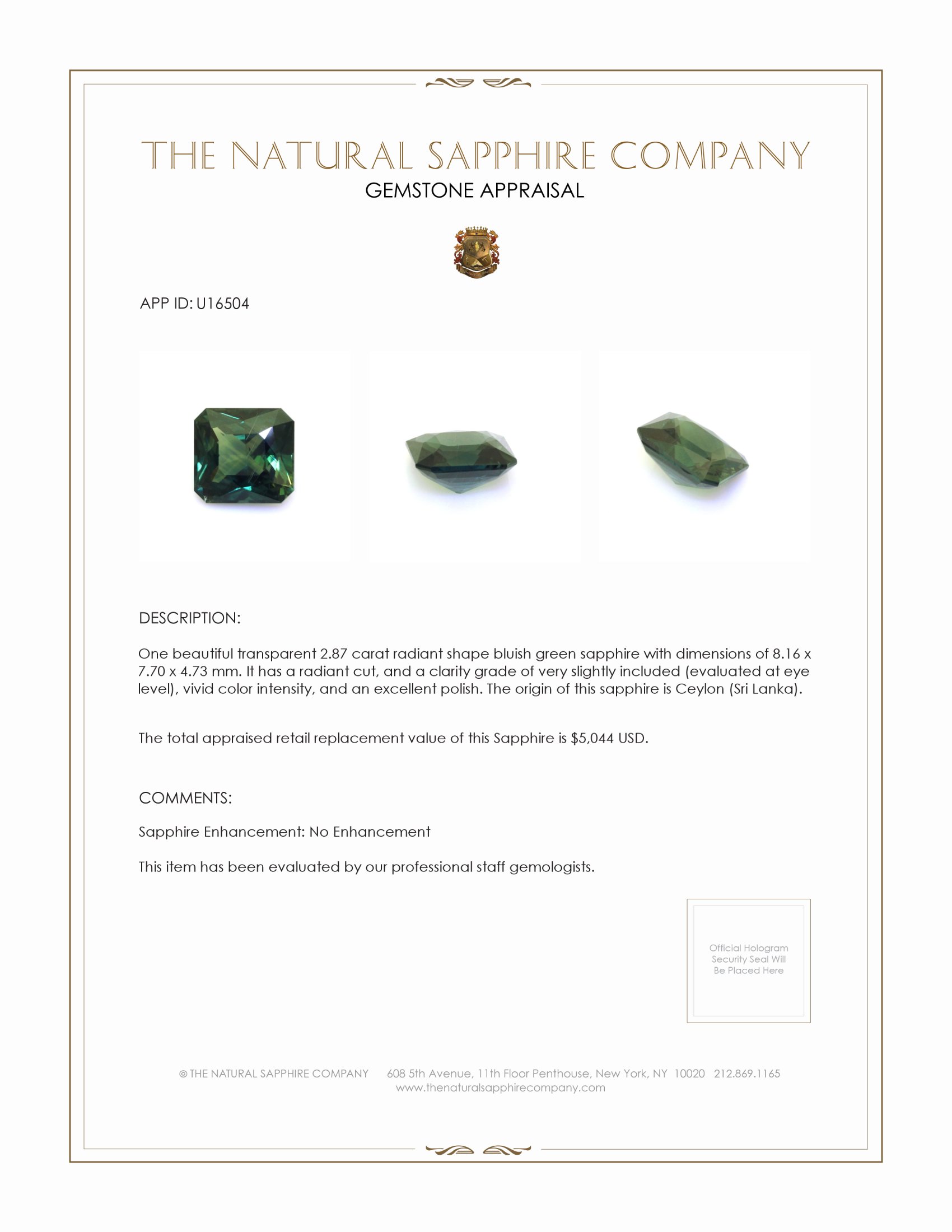 2.87 Ct. Bluish Green Sapphire from Ceylon (Sri Lanka)