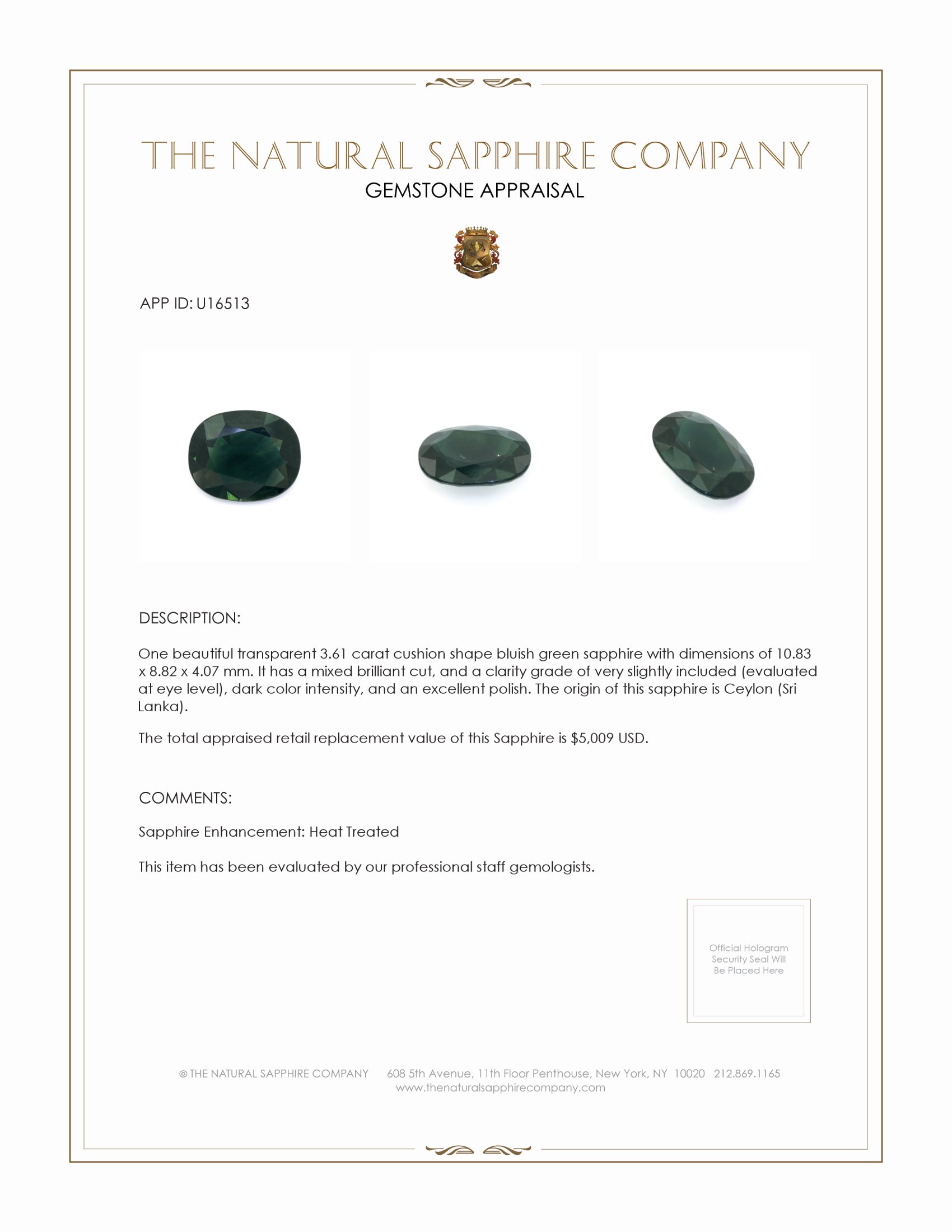 3.61 Ct. Bluish Green Sapphire from Ceylon (Sri Lanka)