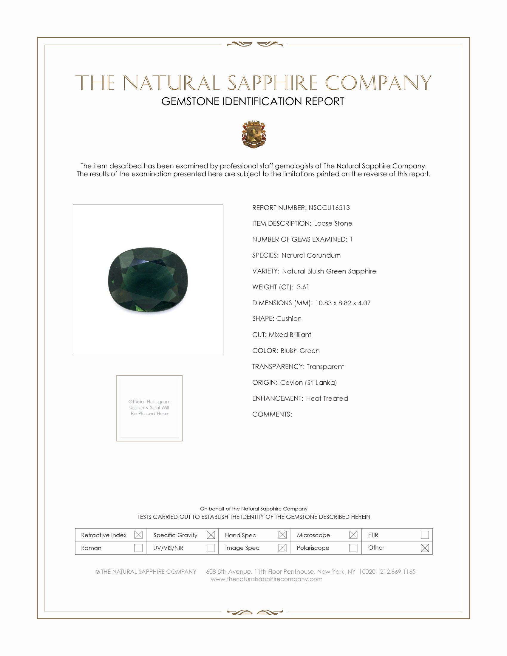 3.61 Ct. Bluish Green Sapphire from Ceylon (Sri Lanka)