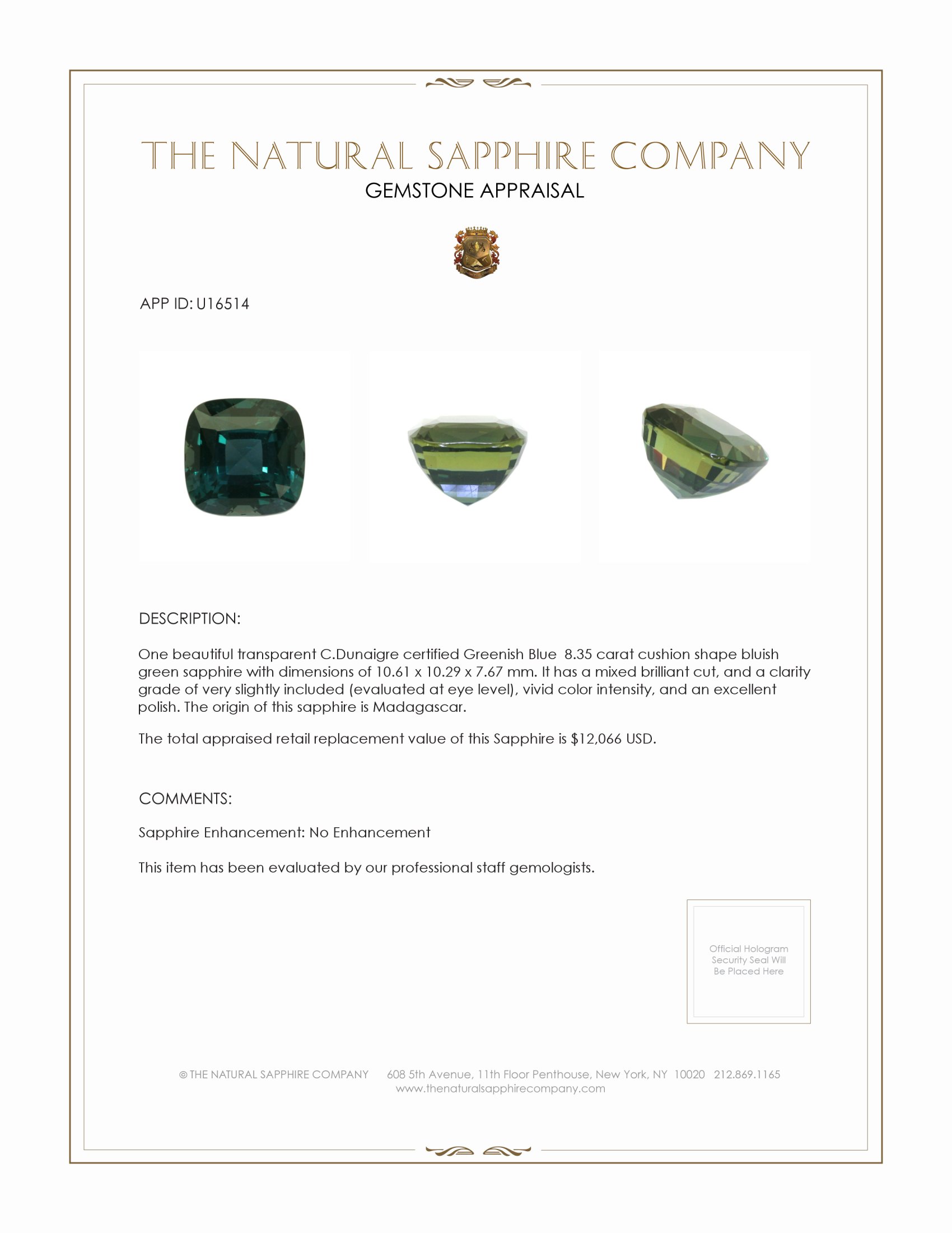 8.35 Ct. Bluish Green Sapphire from Madagascar
