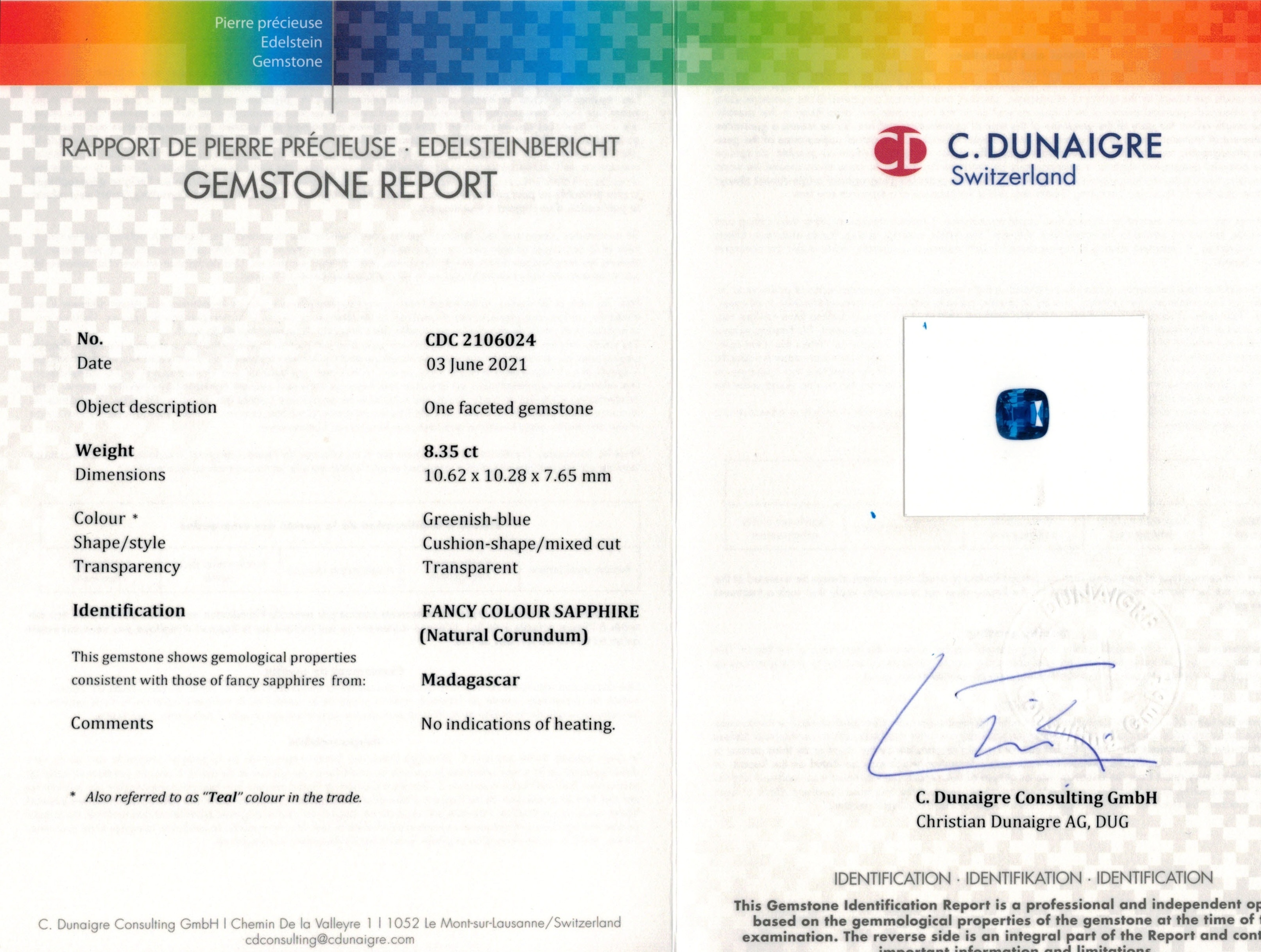 8.35 Ct. Bluish Green Sapphire from Madagascar