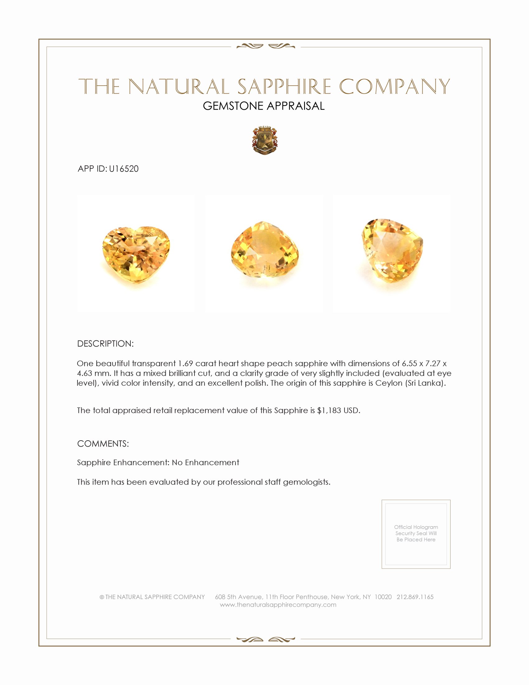 1.69 Ct. Peach Sapphire from Ceylon (Sri Lanka)