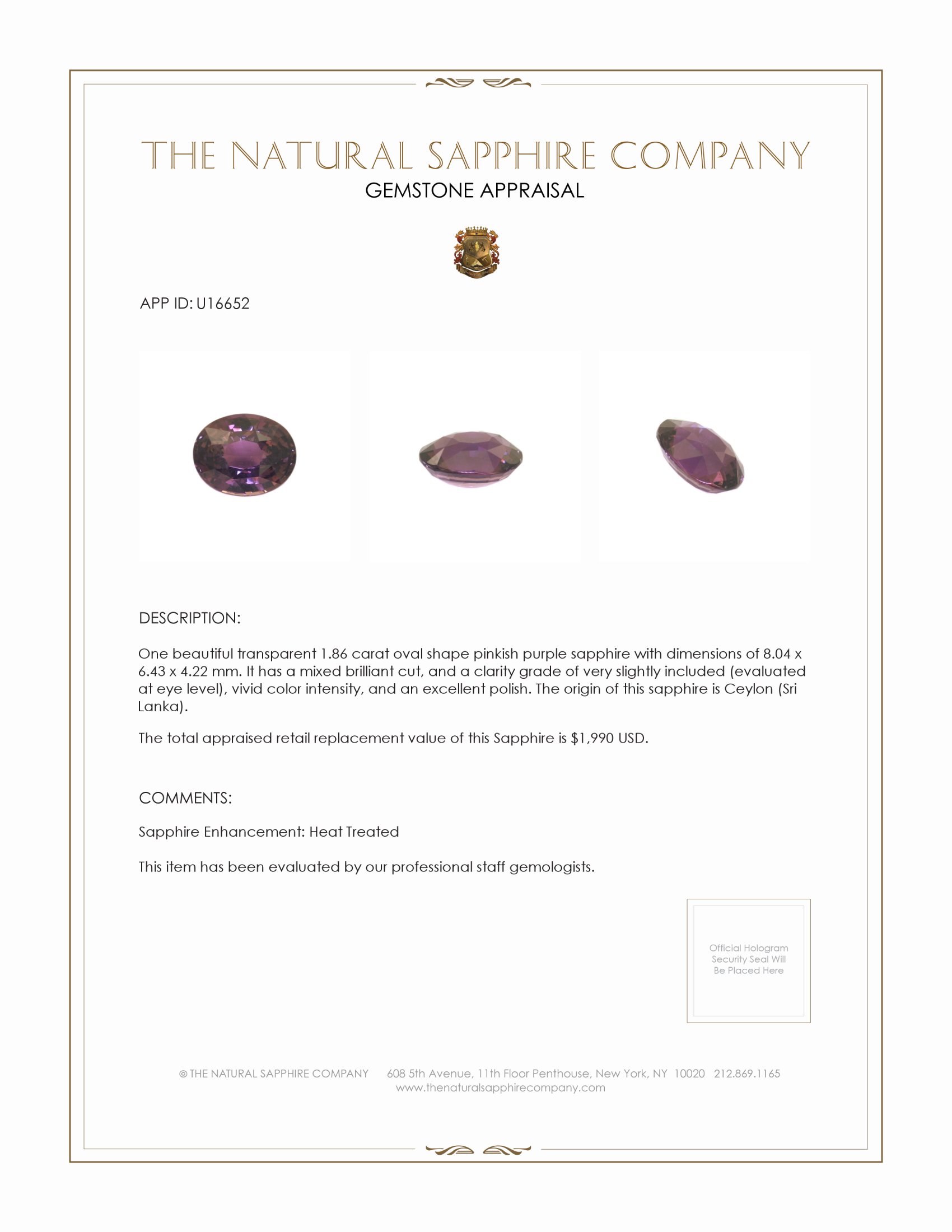 1.86 Ct. Pinkish Purple Sapphire from Ceylon (Sri Lanka)