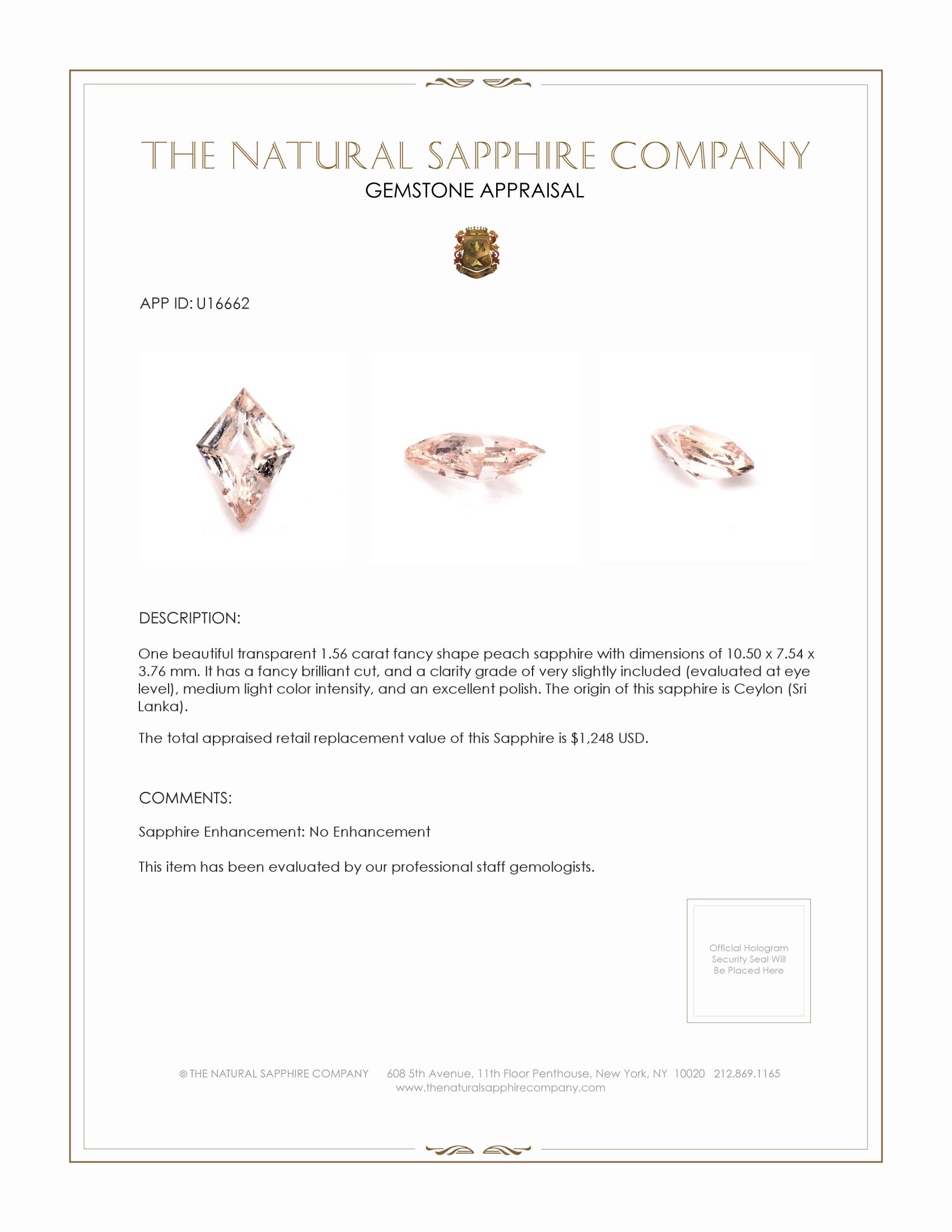 1.56 Ct. Peach Sapphire from Ceylon (Sri Lanka)