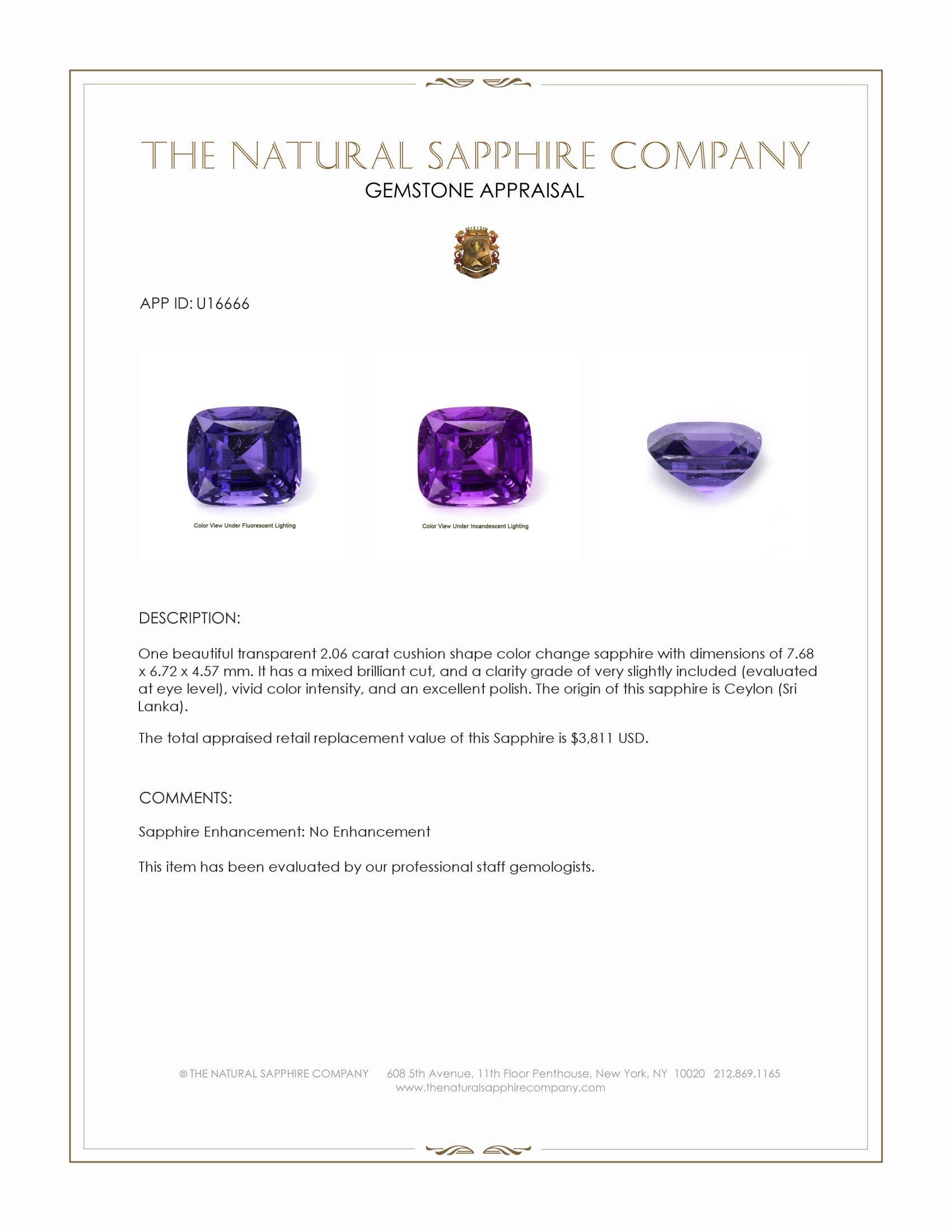 2.06 Ct. Color Change Sapphire from Ceylon (Sri Lanka)