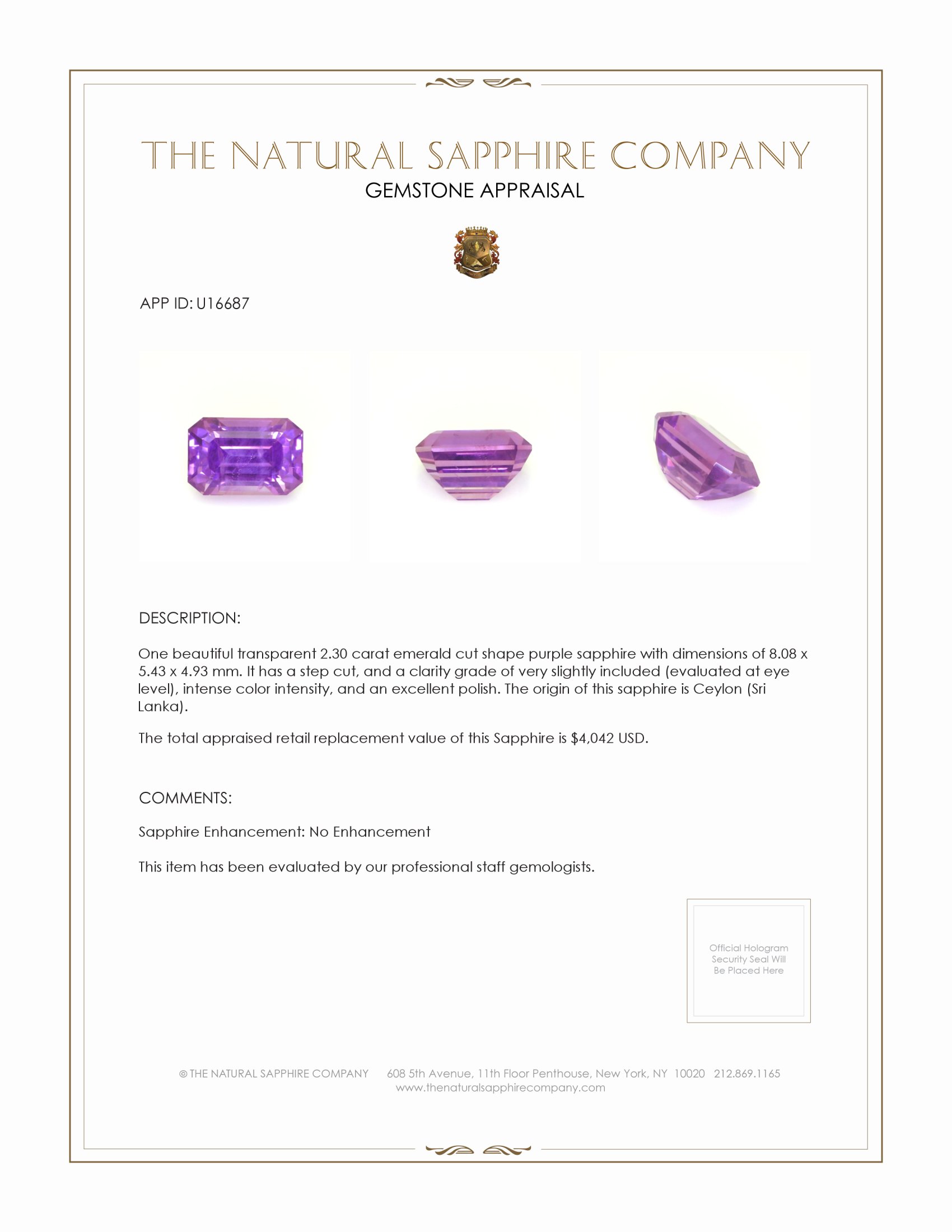 2.30 Ct. Purple Sapphire from Ceylon (Sri Lanka)