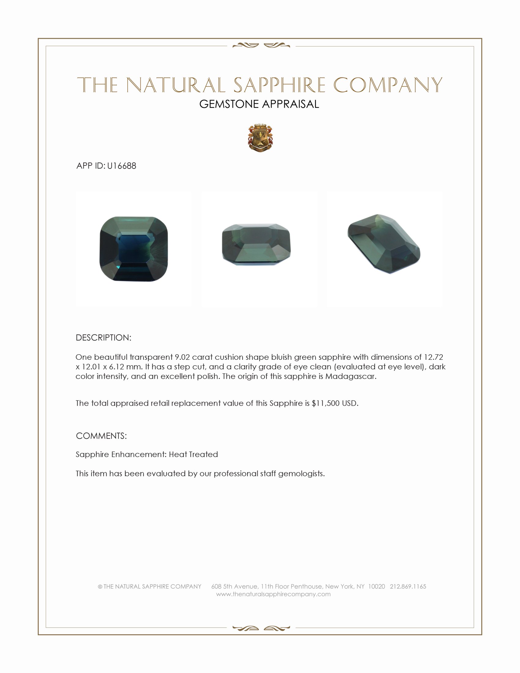 9.02 Ct. Bluish Green Sapphire from Madagascar