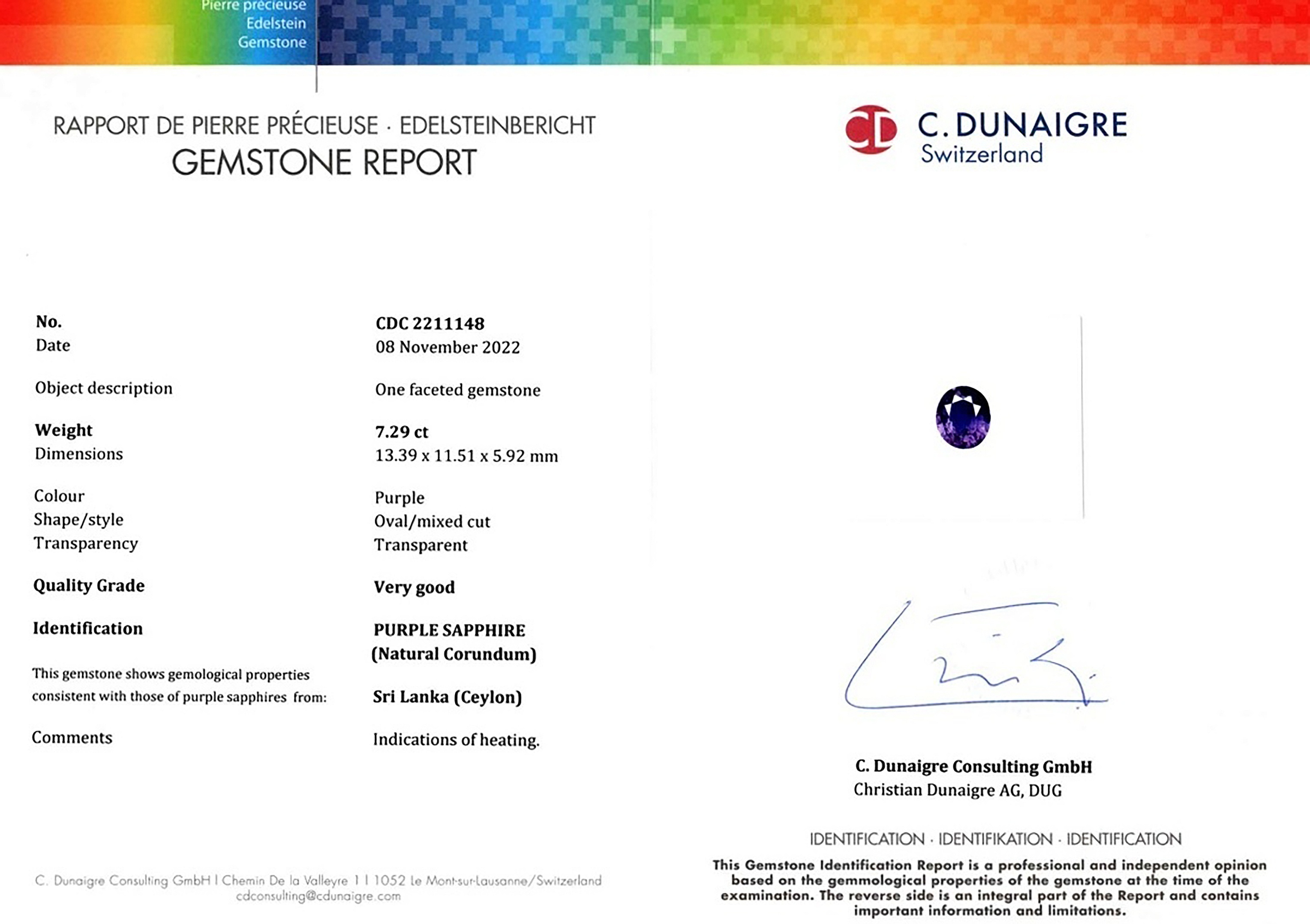 7.29 Ct. Purple Sapphire from Ceylon (Sri Lanka)