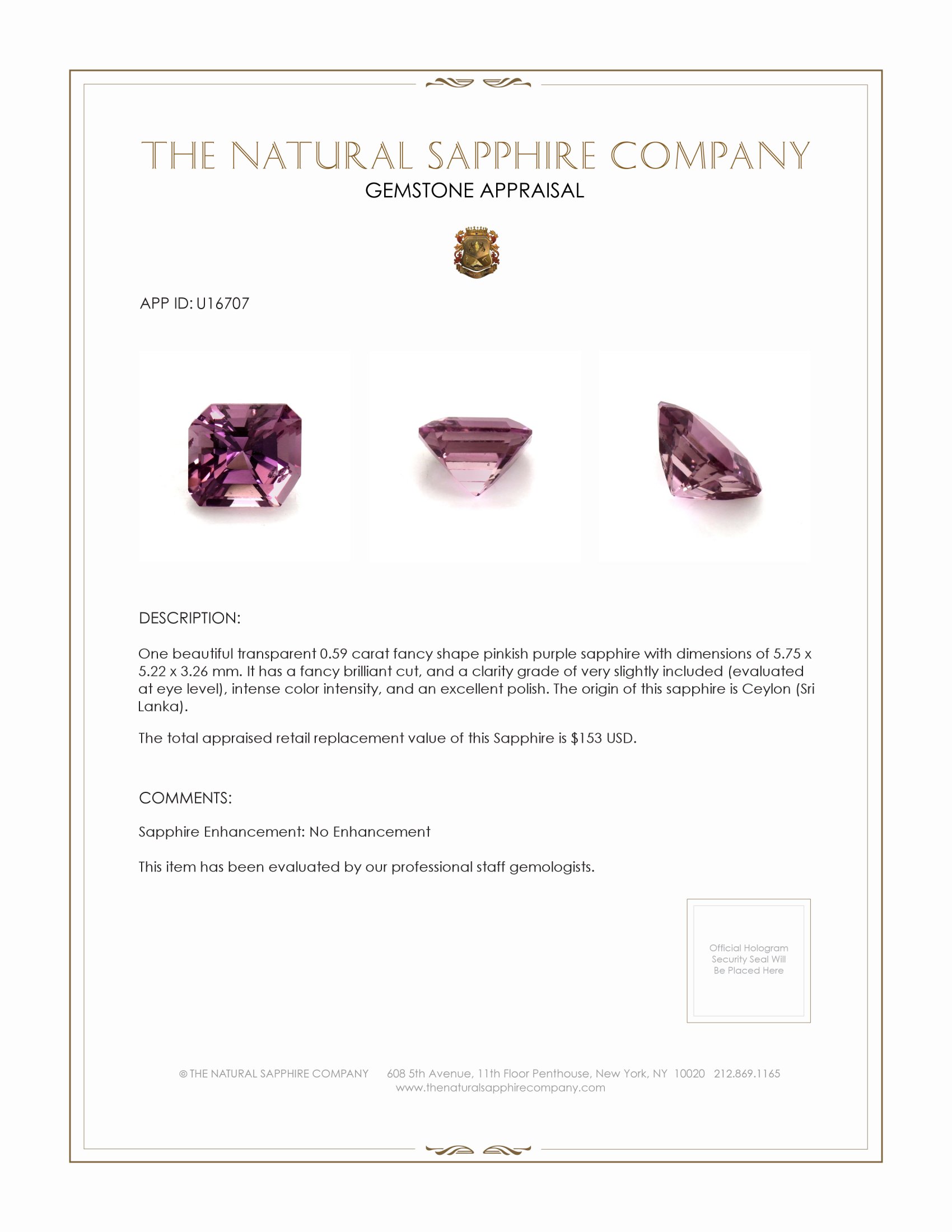 0.59 Ct. Pinkish Purple Sapphire from Ceylon (Sri Lanka)