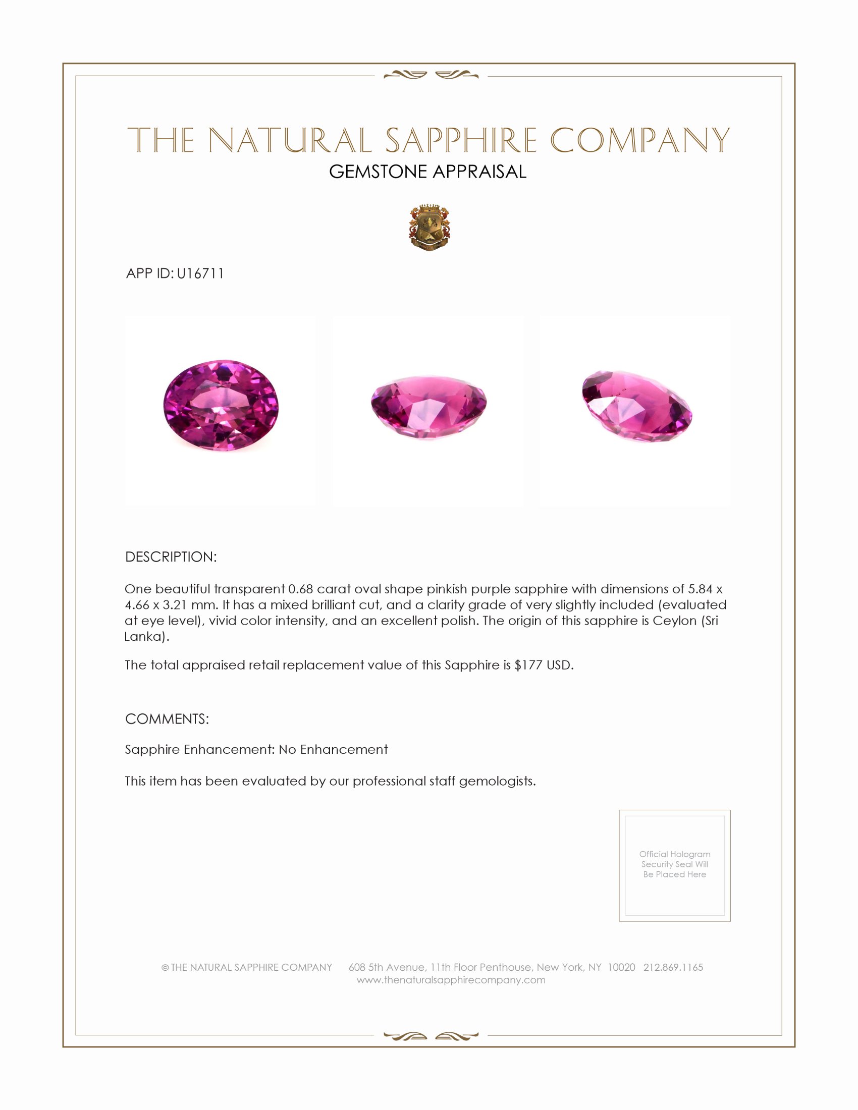 0.68 Ct. Pinkish Purple Sapphire from Ceylon (Sri Lanka)