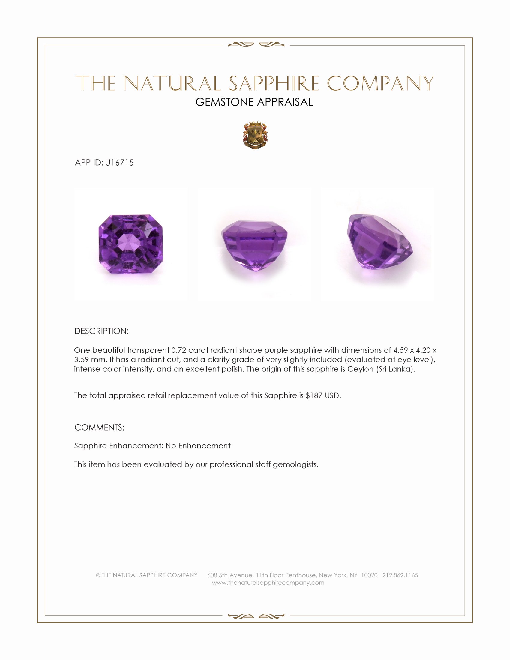 0.72 Ct. Purple Sapphire from Ceylon (Sri Lanka)