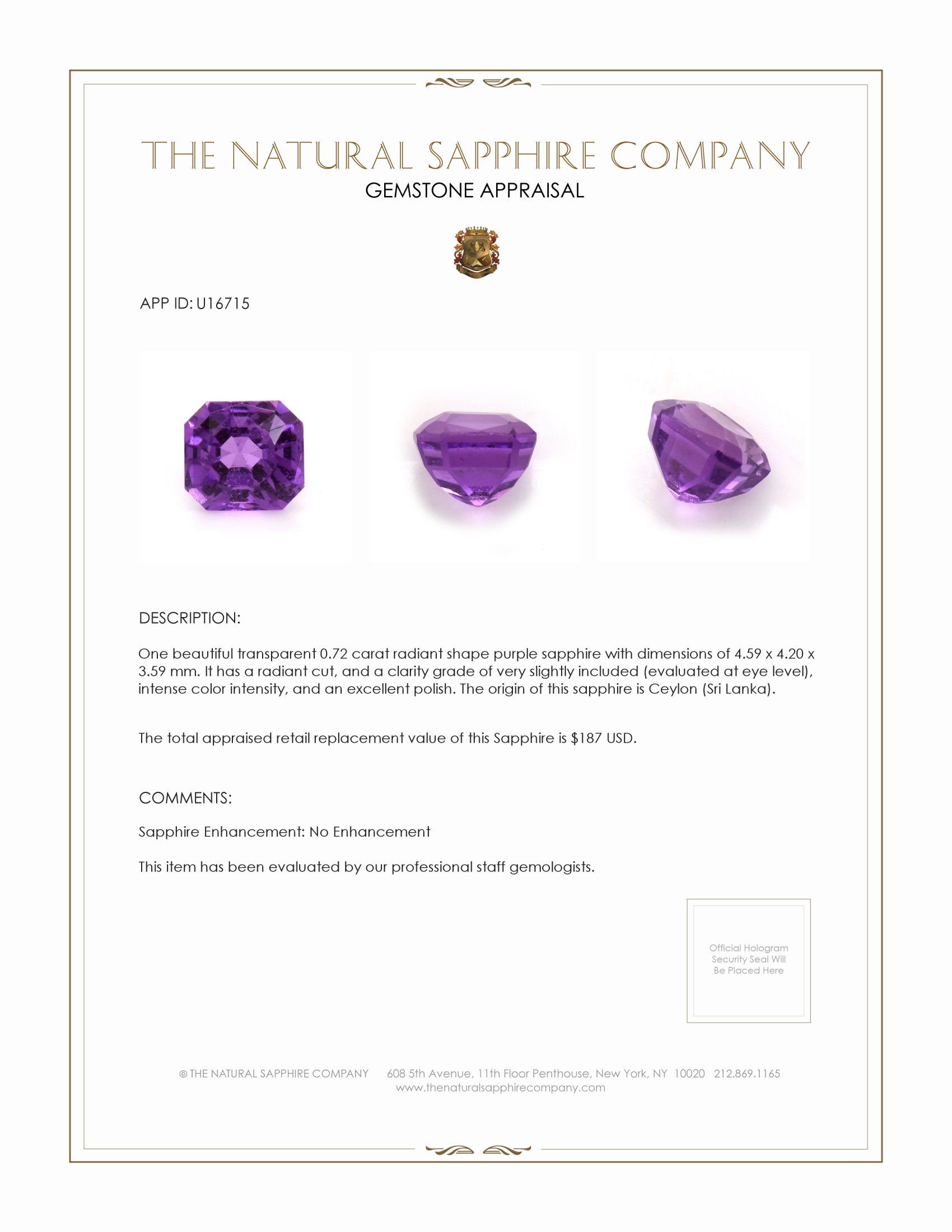 0.72 Ct. Purple Sapphire from Ceylon (Sri Lanka)