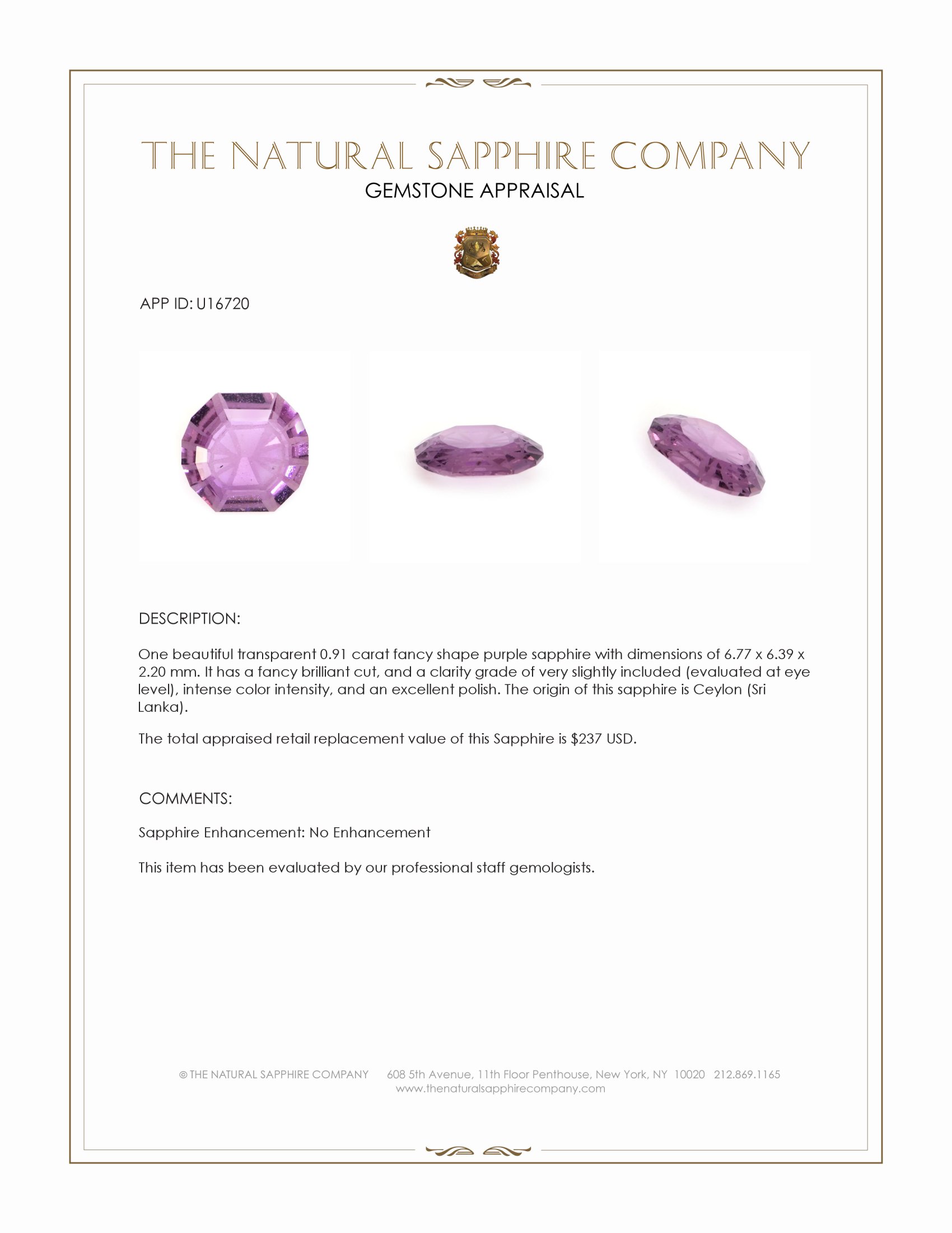 0.91 Ct. Purple Sapphire from Ceylon (Sri Lanka)