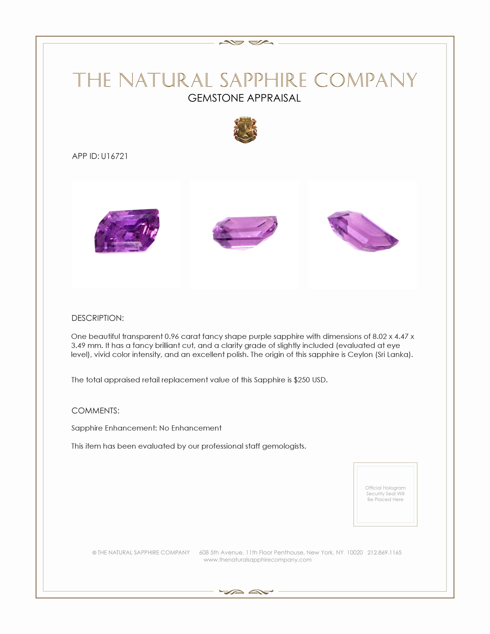 0.96 Ct. Purple Sapphire from Ceylon (Sri Lanka)