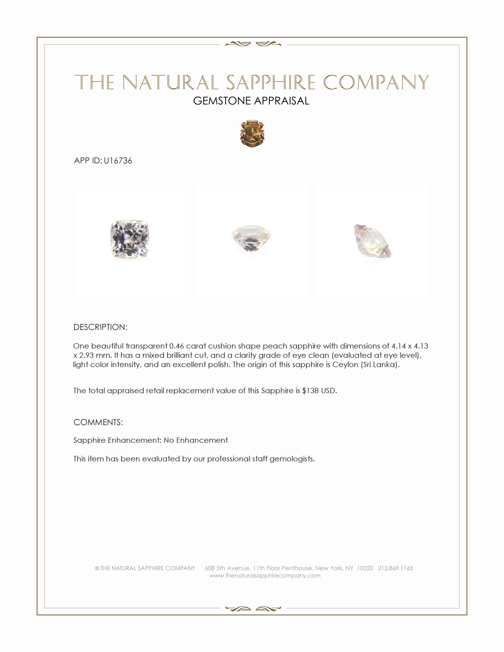 0.46 Ct. Peach Sapphire from Ceylon (Sri Lanka)