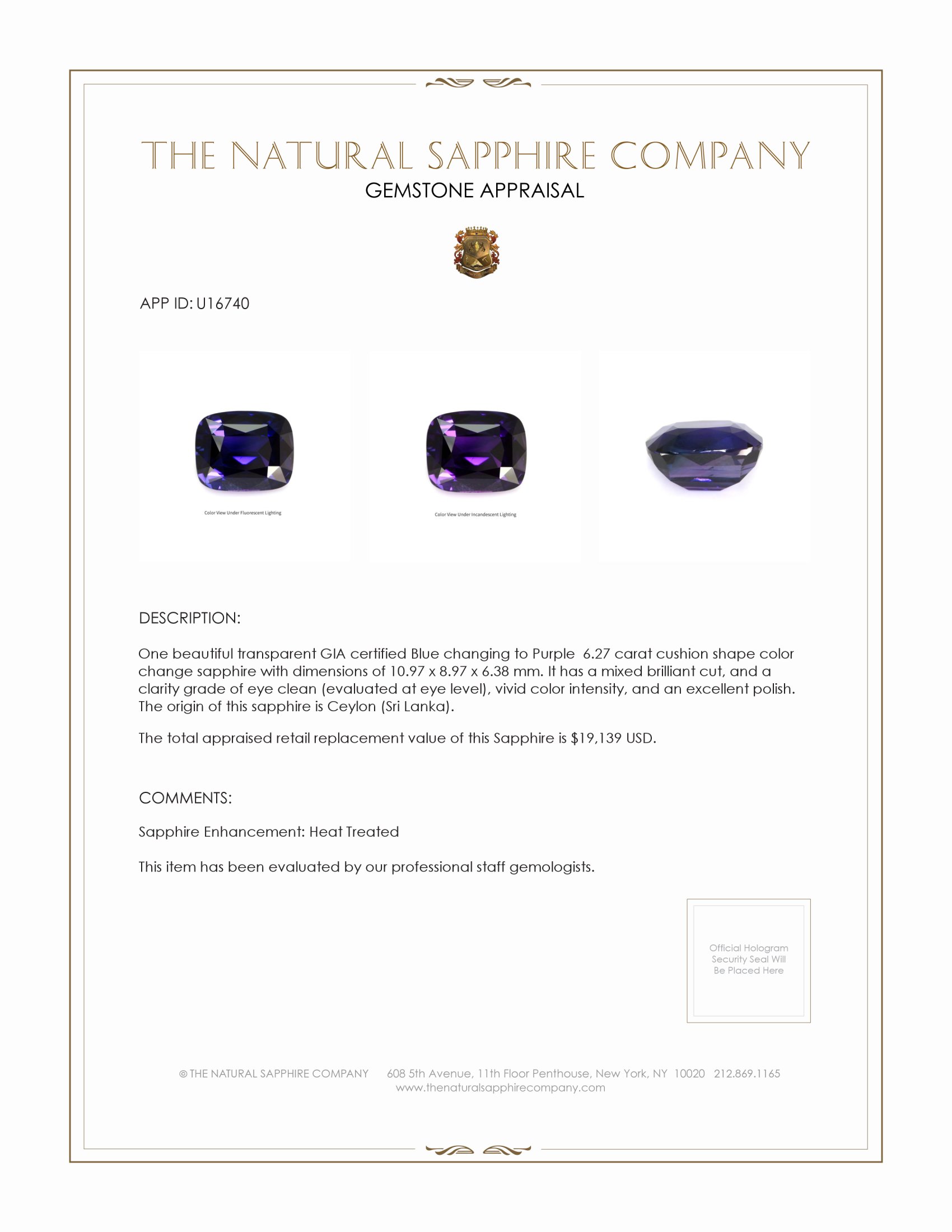 6.27 Ct. Color Change Sapphire from Ceylon (Sri Lanka)