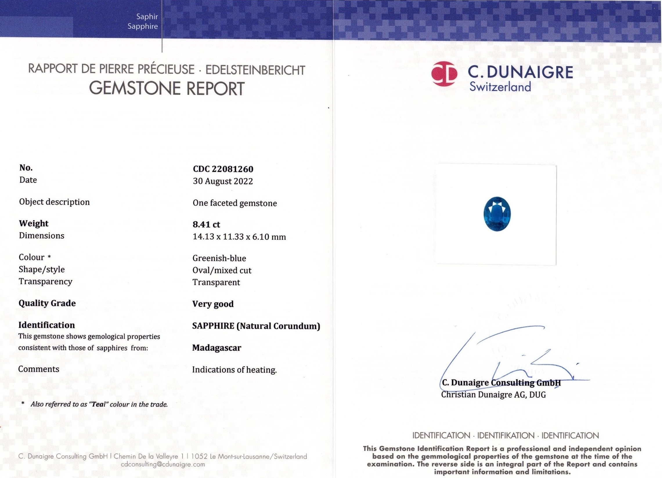 8.41 Ct. Greenish Blue Sapphire from Madagascar