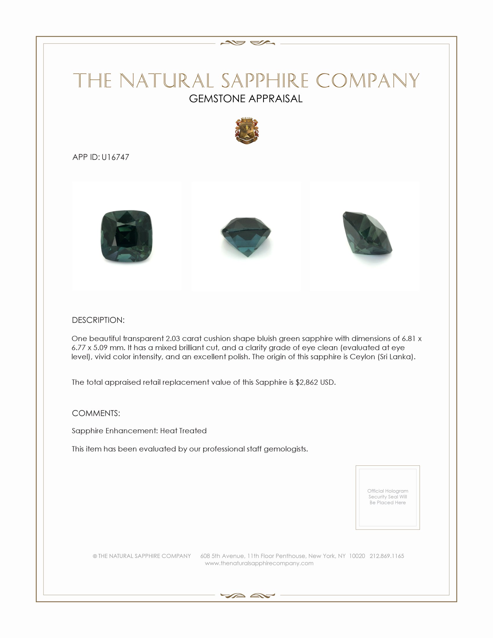 2.03 Ct. Bluish Green Sapphire from Ceylon (Sri Lanka)
