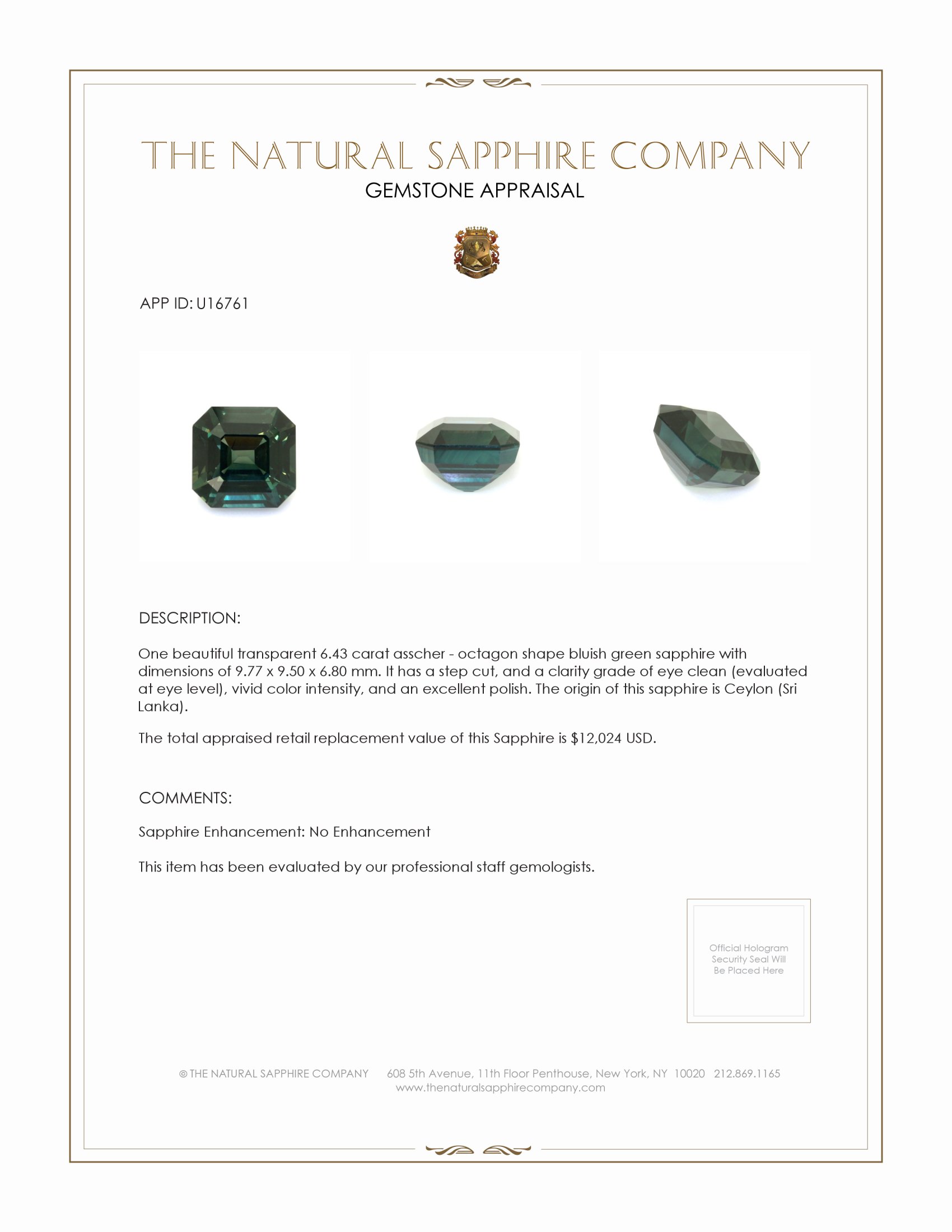6.43 Ct. Bluish Green Sapphire from Ceylon (Sri Lanka)