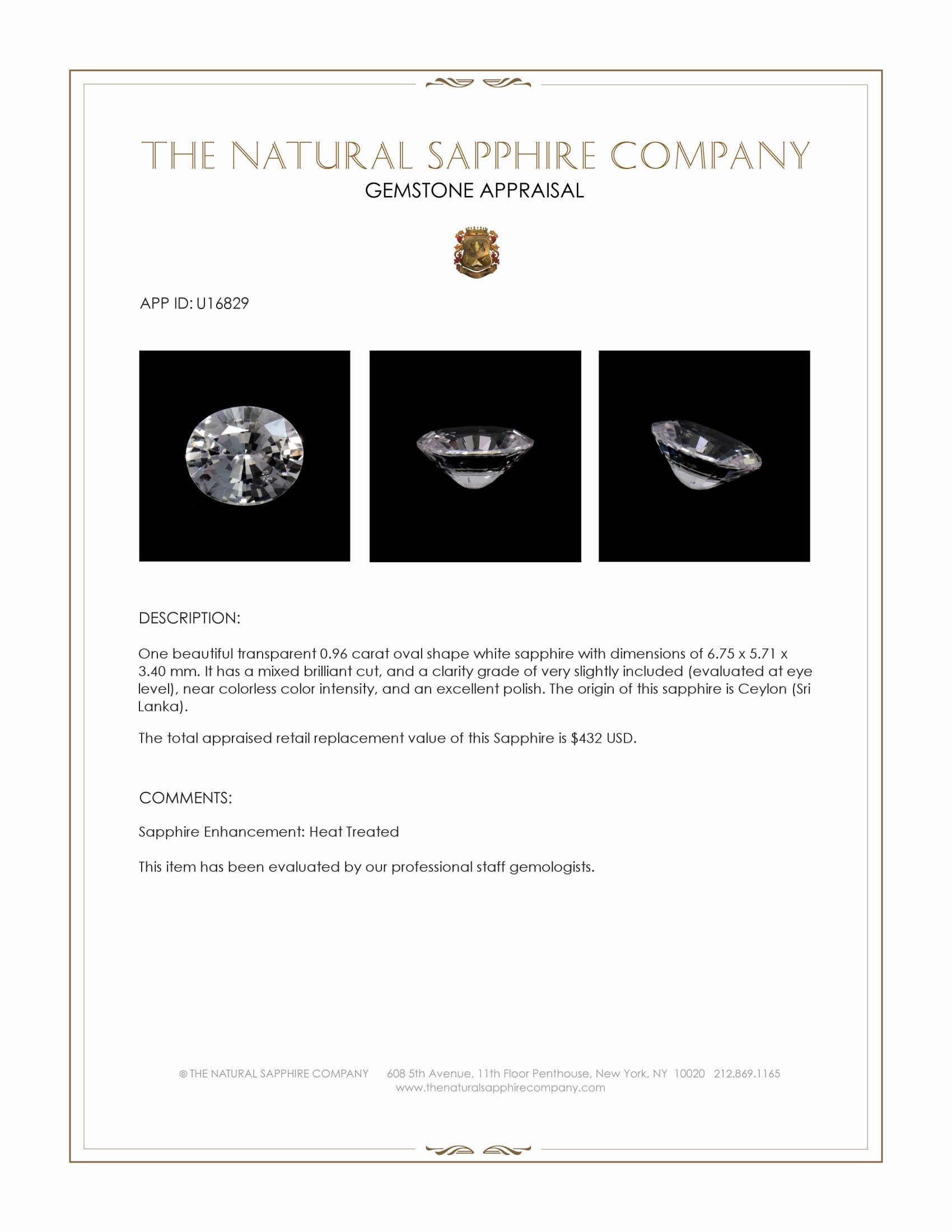 0.96 Ct. White Sapphire from Ceylon (Sri Lanka)