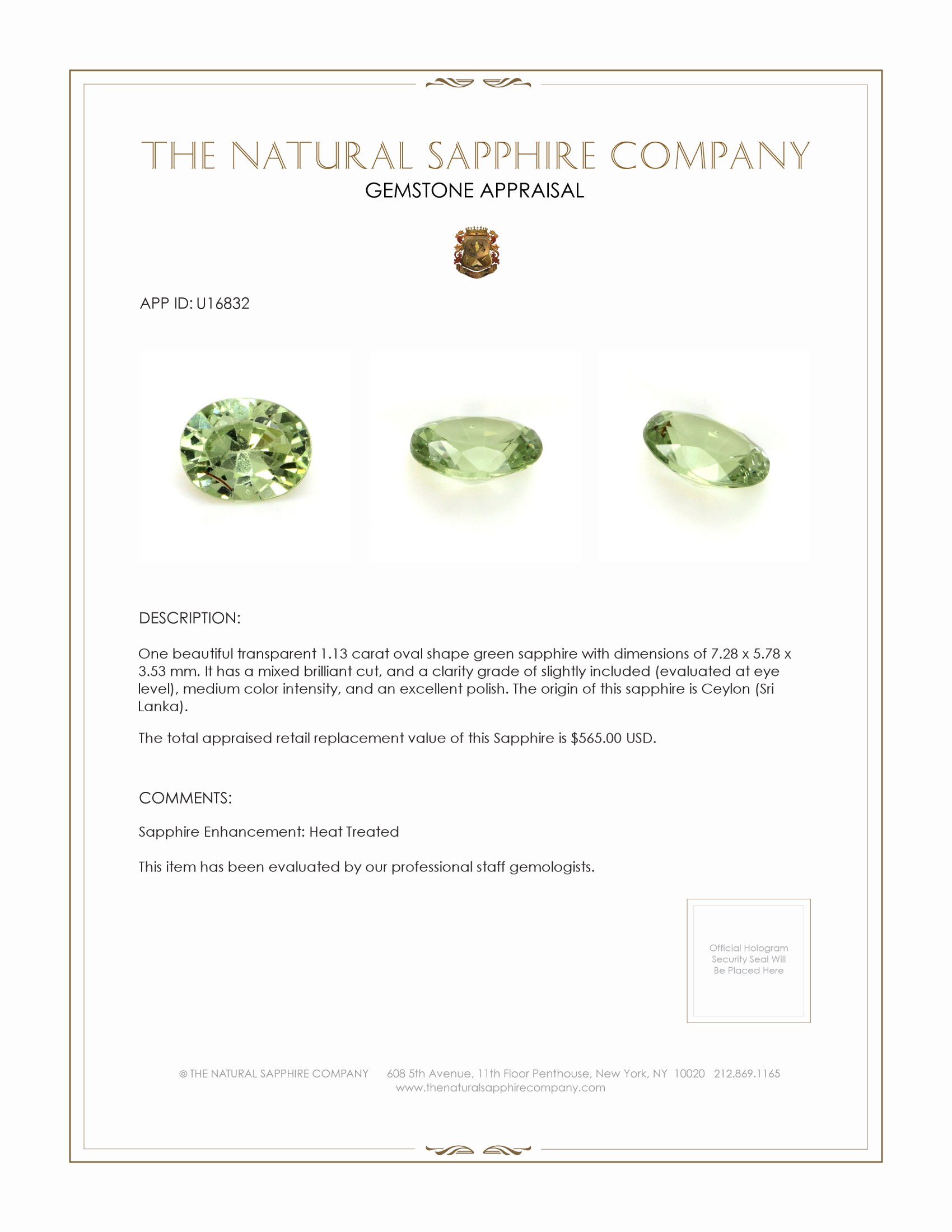 1.13 Ct. Green Sapphire from Ceylon (Sri Lanka)