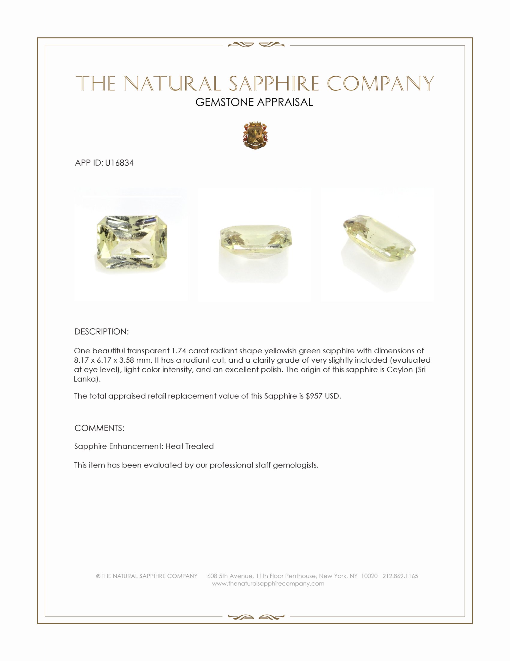 1.74 Ct. Yellowish Green Sapphire from Ceylon (Sri Lanka)