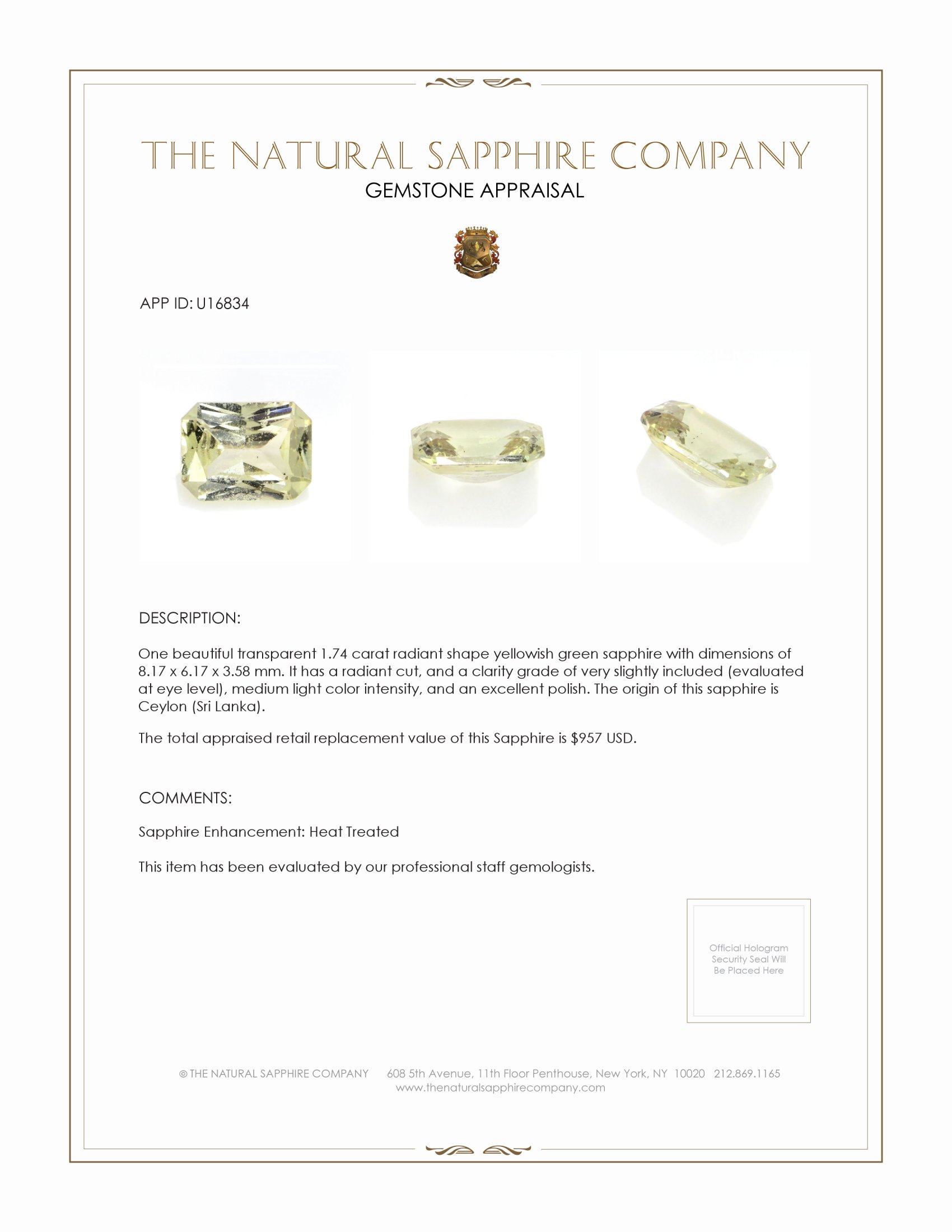 1.74 Ct. Yellowish Green Sapphire from Ceylon (Sri Lanka)