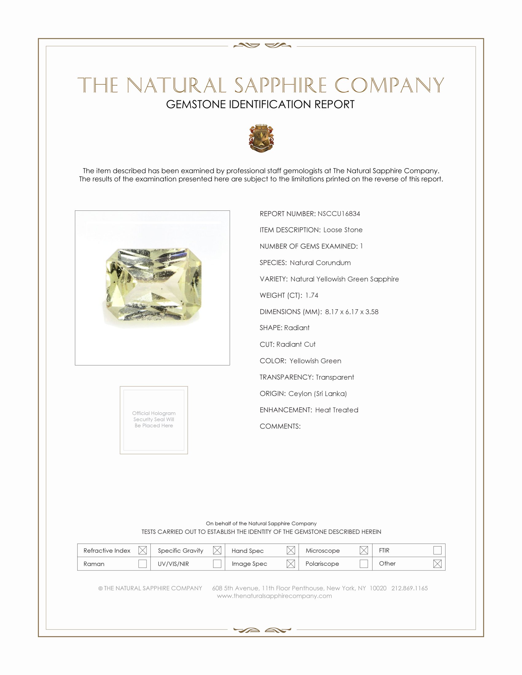 1.74 Ct. Yellowish Green Sapphire from Ceylon (Sri Lanka)