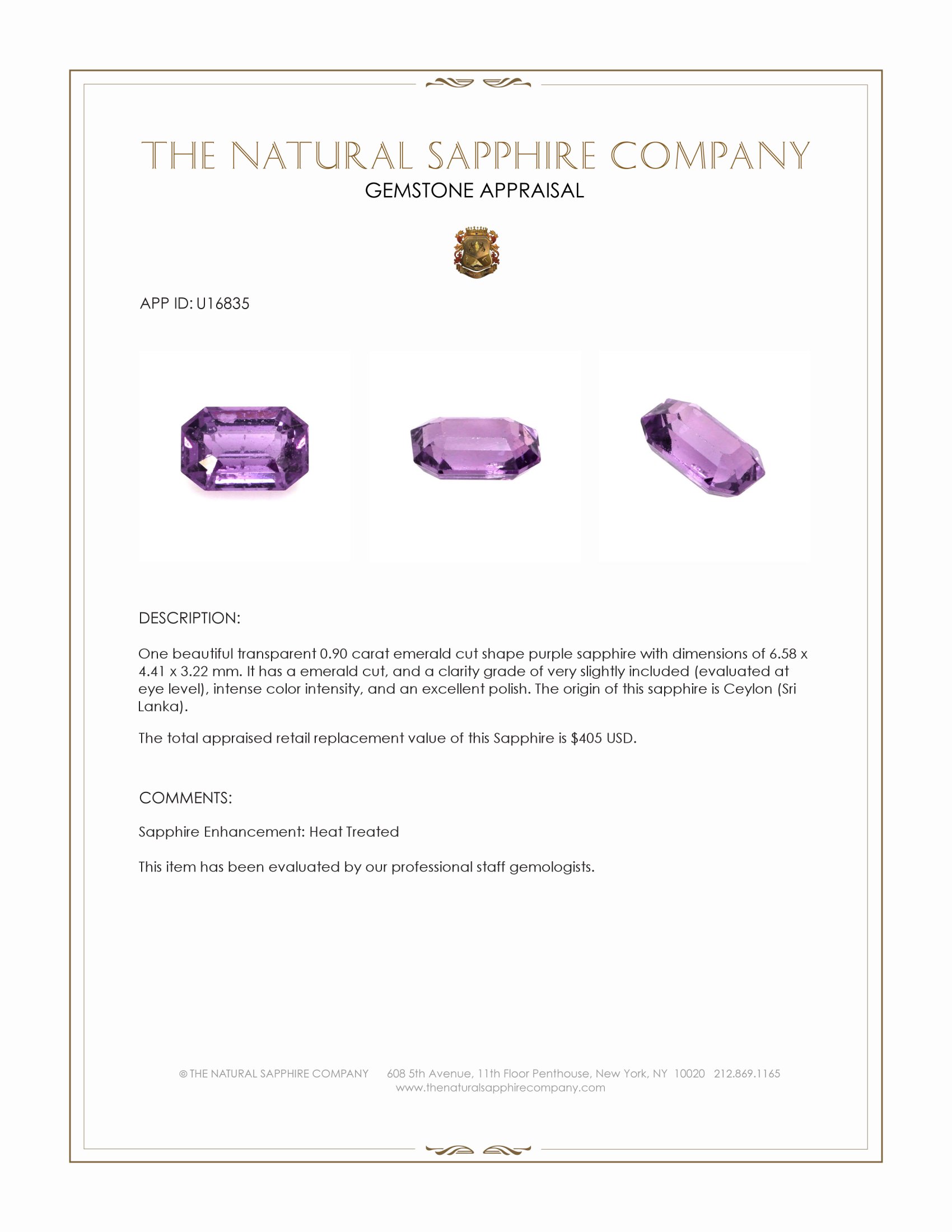 0.90 Ct. Purple Sapphire from Ceylon (Sri Lanka)