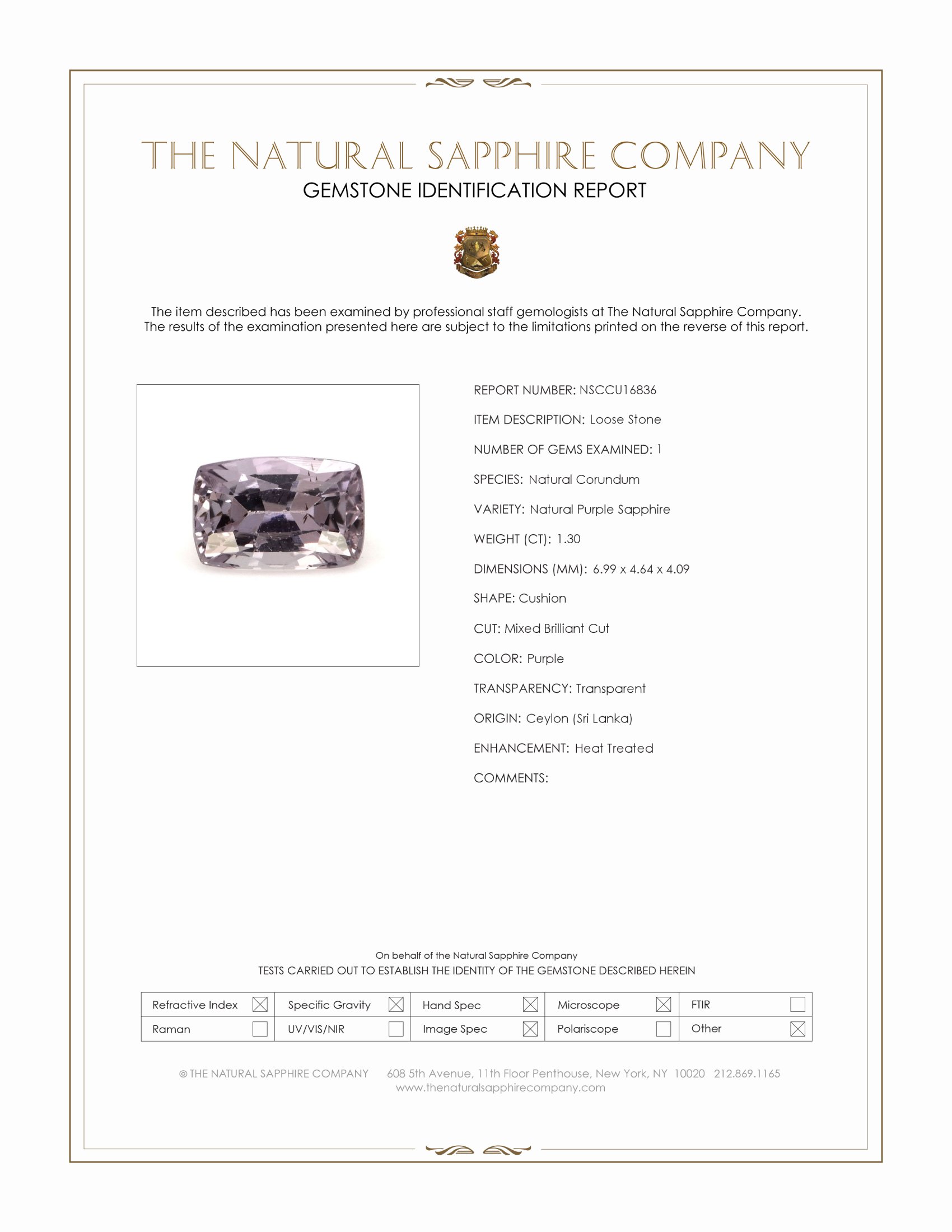 1.30 Ct. Purple Sapphire from Ceylon (Sri Lanka)