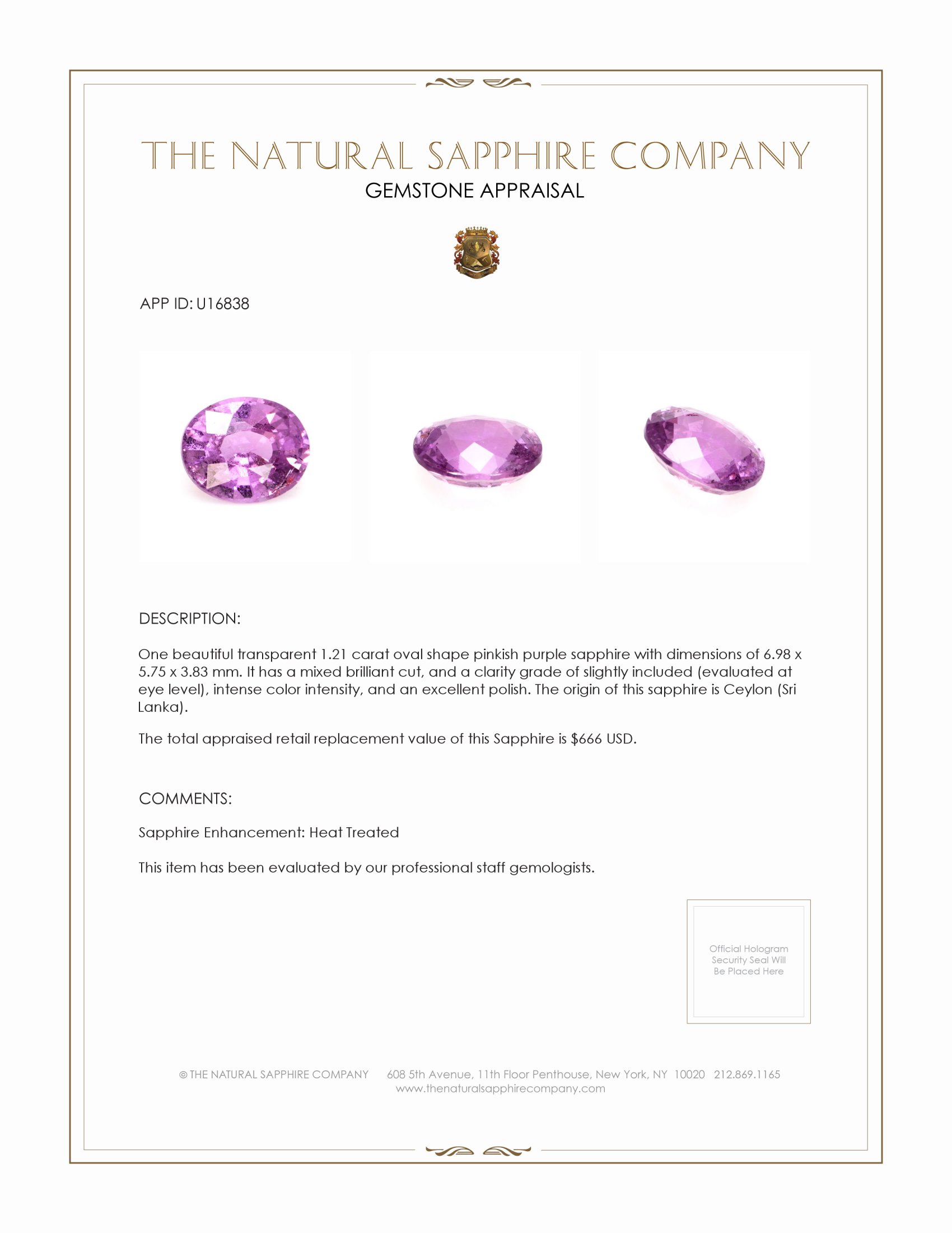 1.21 Ct. Pinkish Purple Sapphire from Ceylon (Sri Lanka)